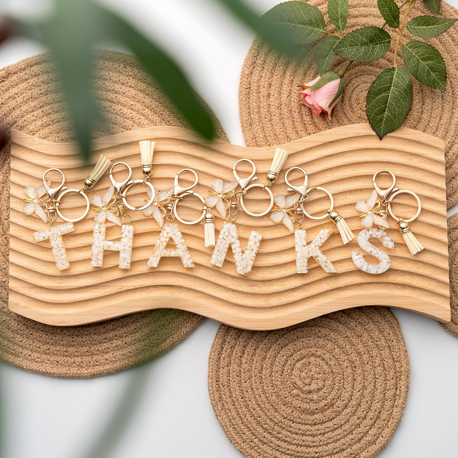 Letter Keychain Initial Keyring Key Chain Alphabet Key Rings for Women Girls,Beige