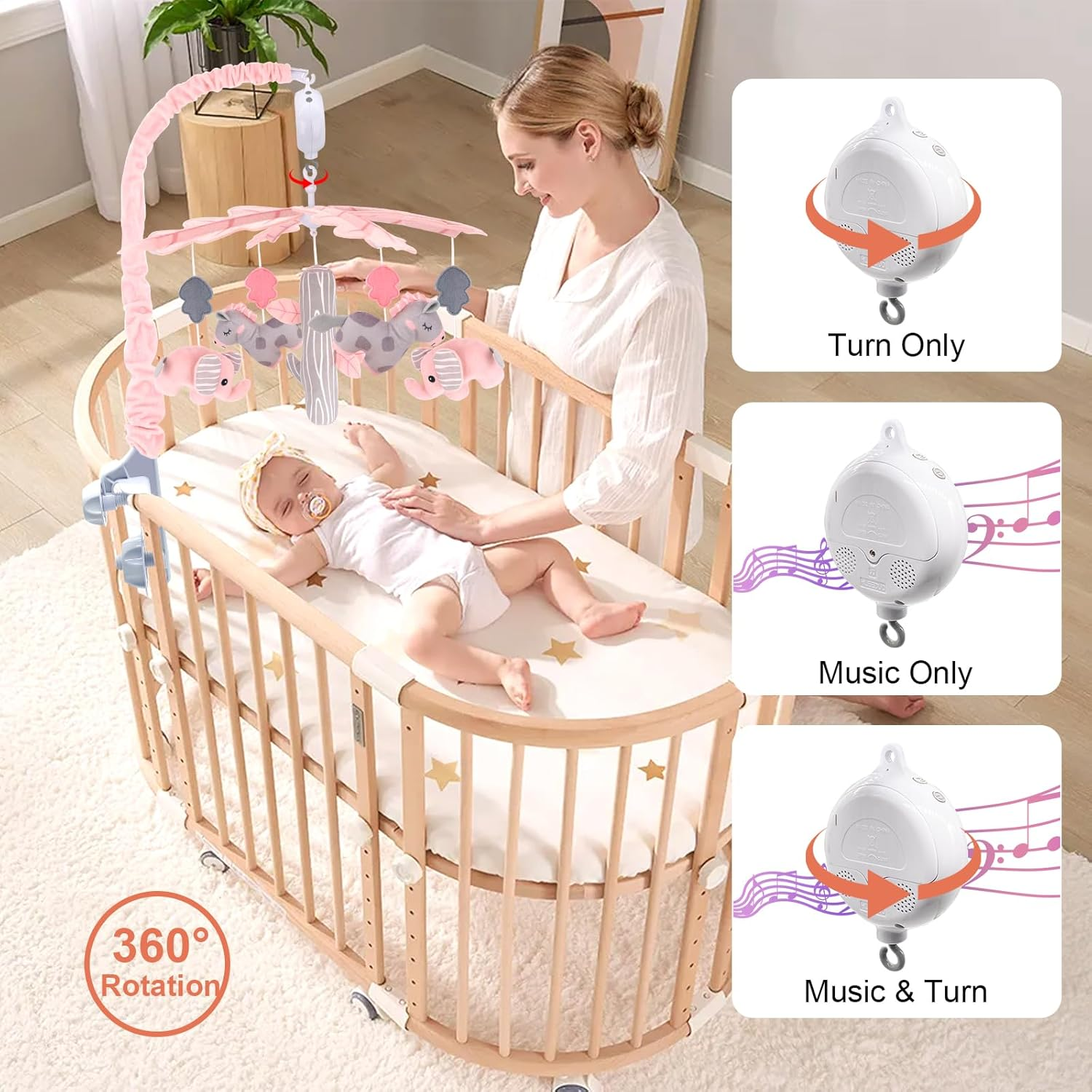 Upgraded Blublu Park Musical Mobile for Crib, Baby Crib Mobile with Hanging Rotating Toys Woodland Nursery Decor for Newborn Baby Boys Girls, Digital Music Box with 3 Modes, 12 Lullabies (Pink) image number 6