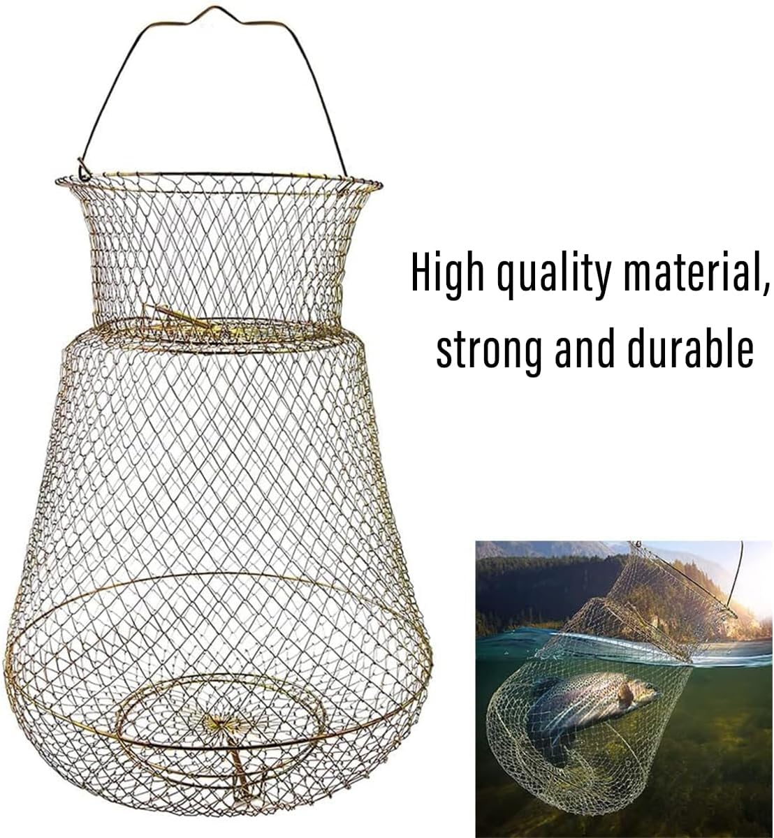 AIMALL Galvanized Fish Cage with Spring Door for Fishing, Portable Metal Wire Folding Trap Basket for Fish and Crab Catching, Durable and Lightweight image number 2