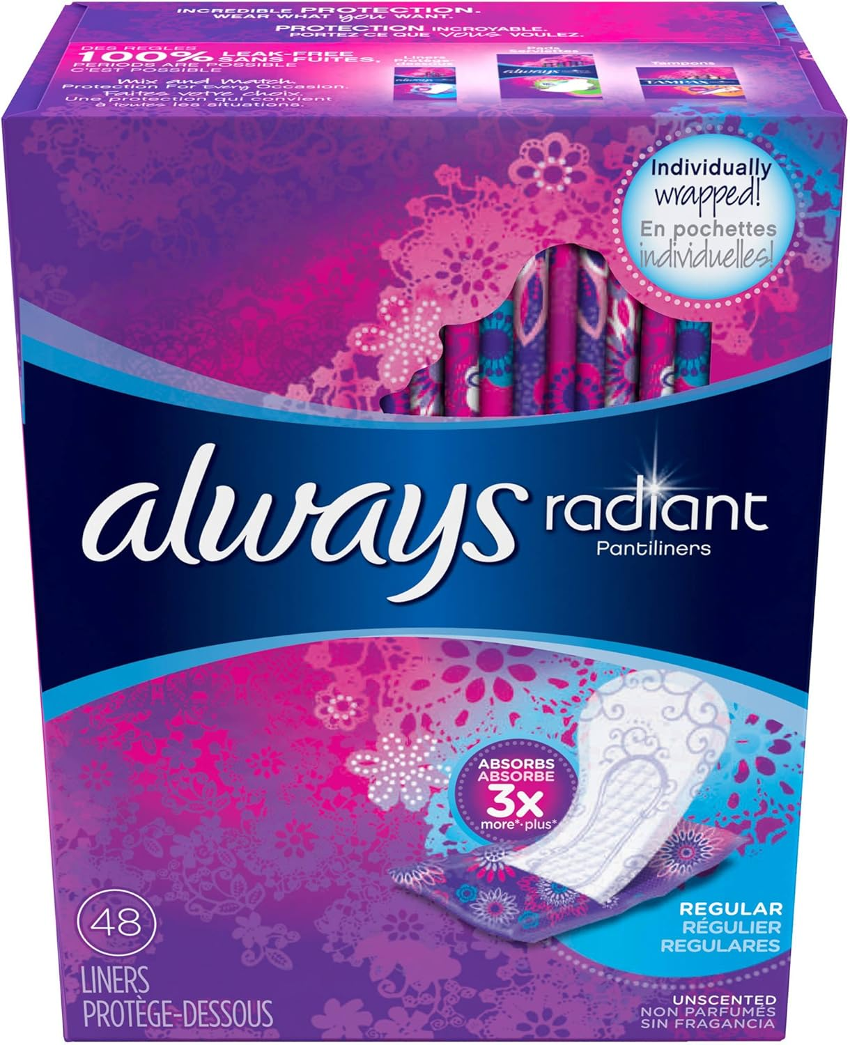 Always Radiant Pantiliners, Regular, Unscented, 96 Liners (Pack of 2)