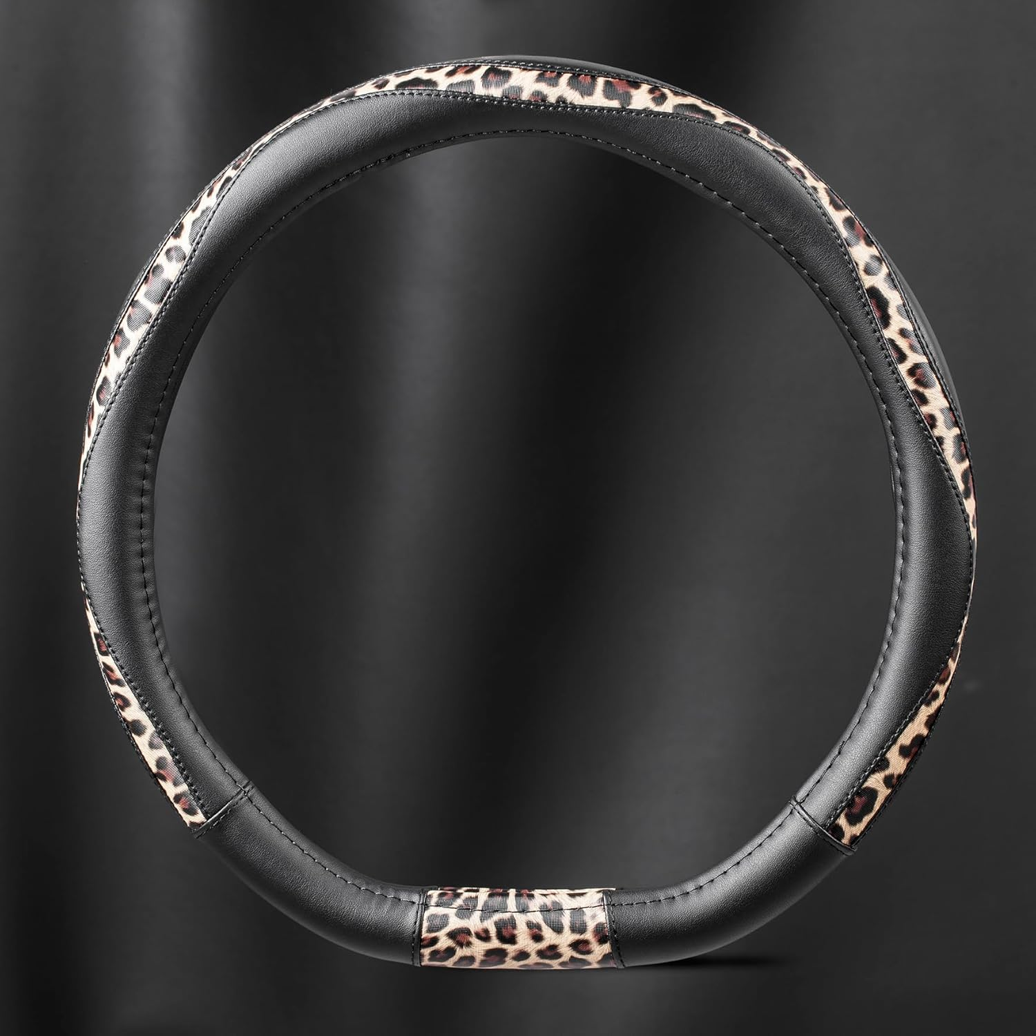 Road Comforts D-Type Steering Wheel Cover - Made with PVC Leather and Leopard Fabric - Universal Fit for 15-Inch D-Shaped Automotive Steering Wheels (Black Color) - Beige image number 2