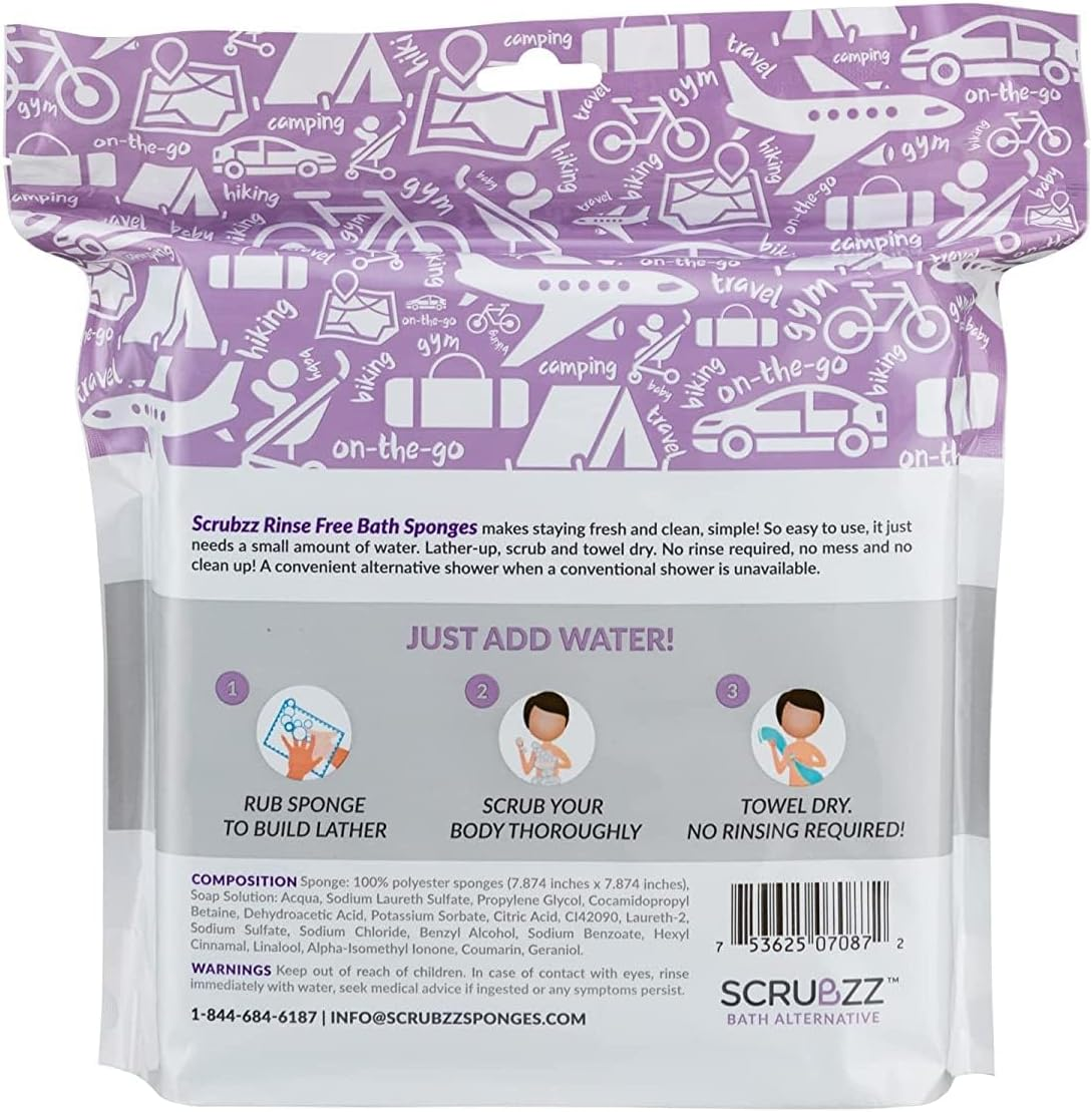 Scrubzz Disposable No Rinse Bathing Wipes - All-In-1 Single Use Shower Wipes, Simply Dampen, Lather, and Dry without Shampoo or Rinsing (Lavender, 2-Pack) image number 6