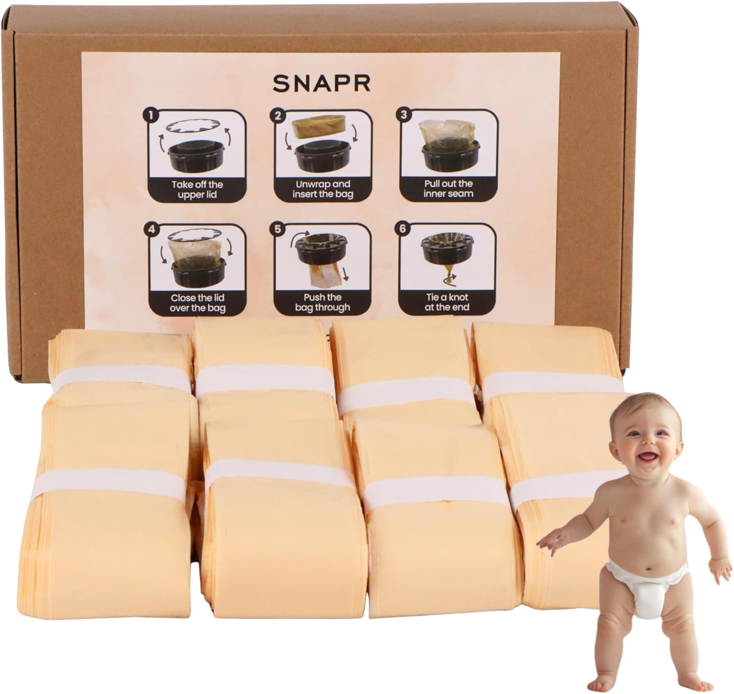SNAPR 8-Pack 6M Nappy Bin Refill Compatible with Tommee Tippee Twist & Click - Recyclable Multilayer - Lemon Scented for Odor Lock - Holds 200+ Nappies (Beige, 8) image number 6