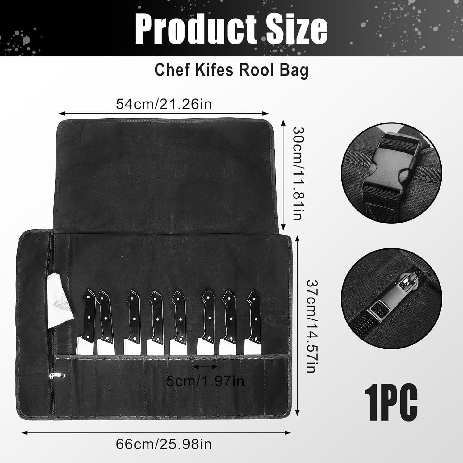 Chef'S Knife Roll Bag - Heavy Duty Waxed Canvas with 11 Slots (10+1 Zipper Pocket), Portable Kitchen Knives Bag for Home/Camping, Waterproof & Shoulder Strap Included (Black) - Black image number 1
