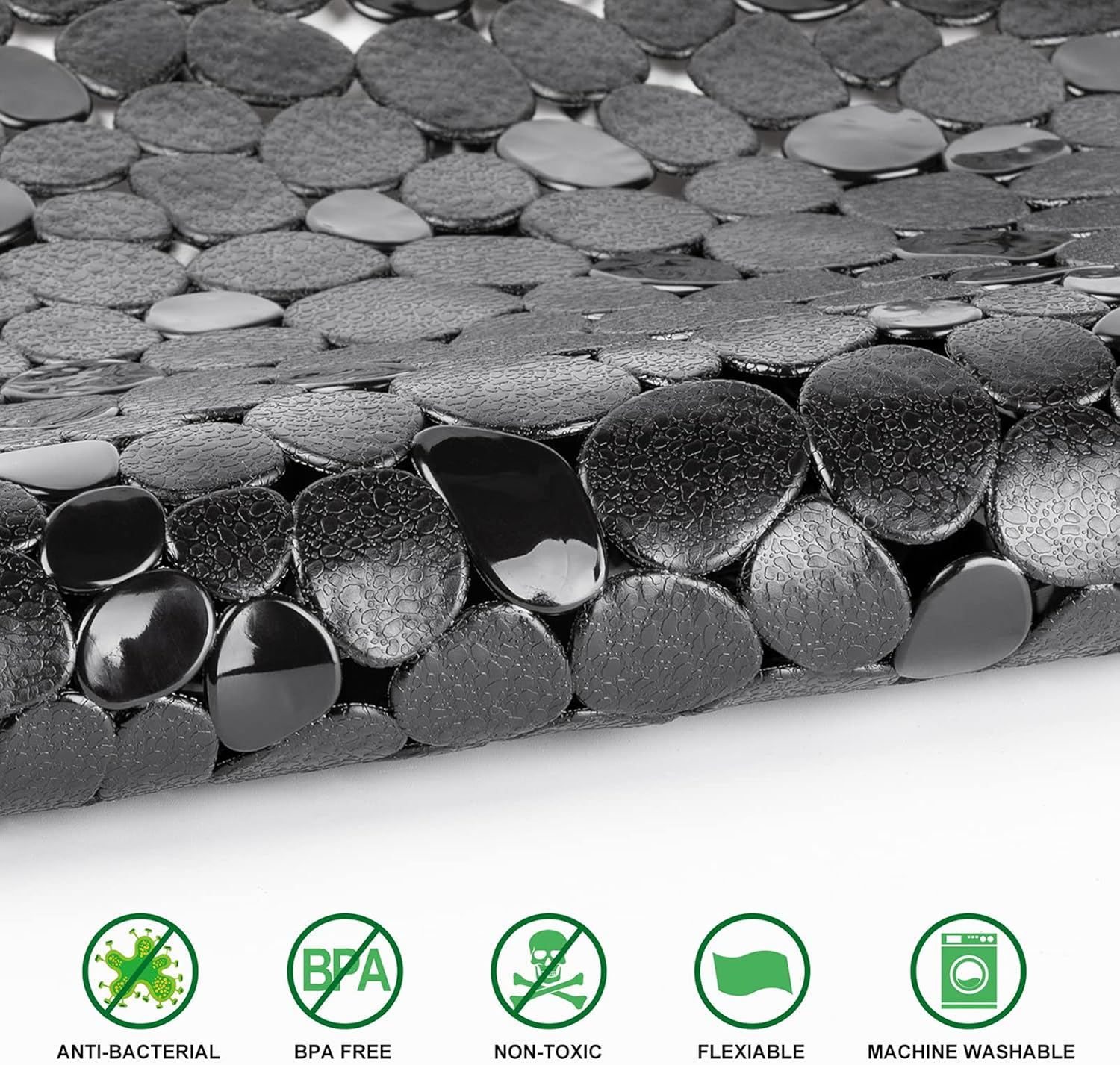 WELTRXE Pebbles Bath Mat for Tub Black Non-Slip Bathtub Mat with Suction Cups, Drain Holes for Bathroom Showers, Tub, Machine Washable, BPA, Latex Free Oval Shower Mats Bath Tub Mat, 27 X 14 Inch image number 3