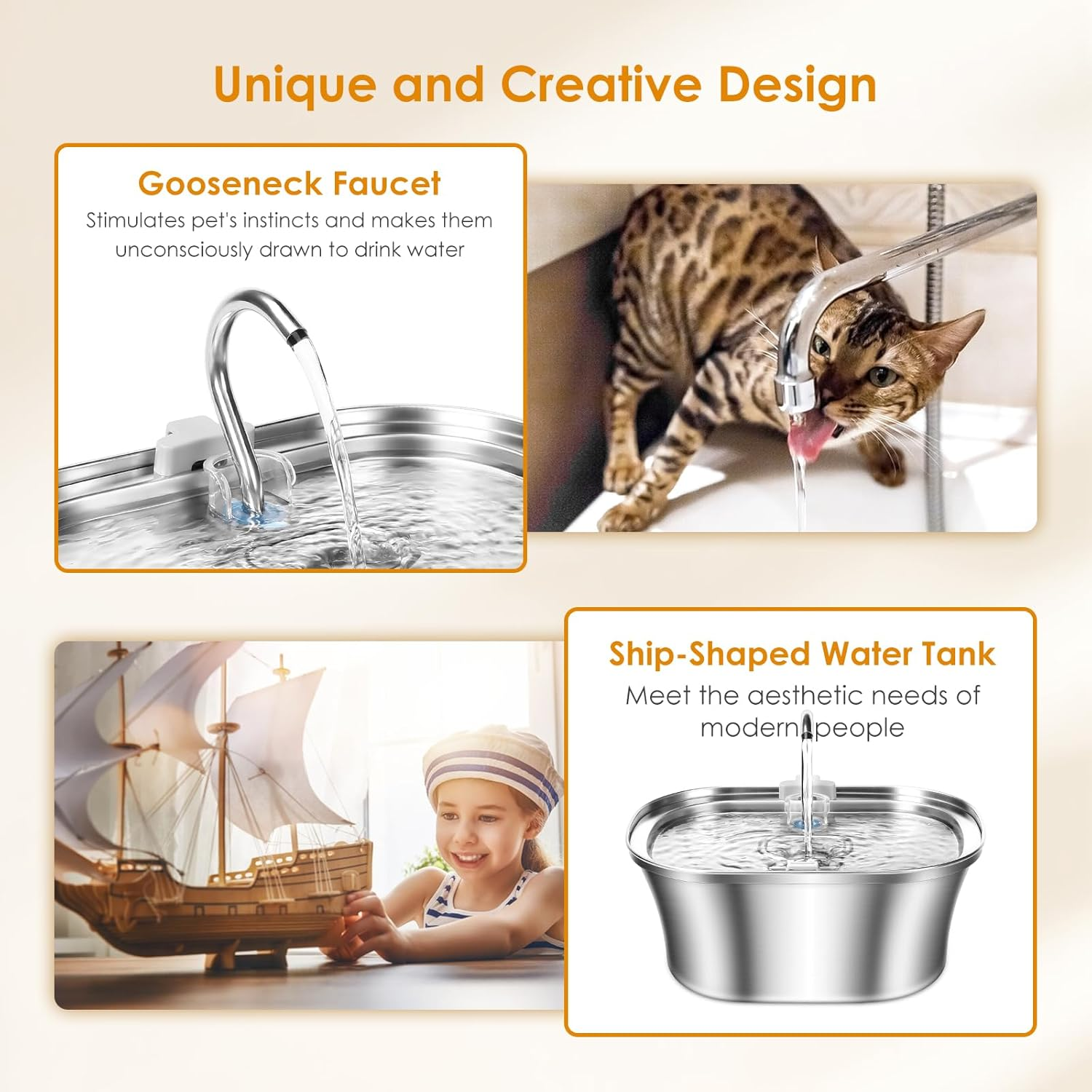 Cat Water Fountain, 3.2L/108Oz Automatic Stainless Steel Pet Water Fountain, Ship-Shaped Cat Drinking Fountains Pet Water Bowl Dispenser with Ultra-Quiet Pump for Cats, Pets, Dishwasher Safe image number 6