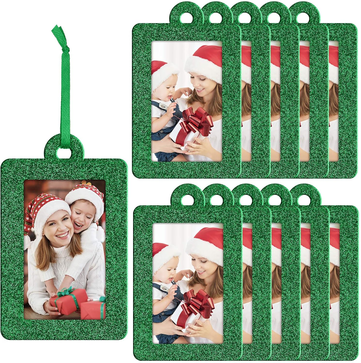 20 Pieces Christmas Photo Frames Ornament Mini Felt Hanging Picture Frame Small Picture Frame Christmas Tree Hanging Ornament for Family Xmas Holiday Party Decoration, Glitter 5 X 7 Cm (Green)
