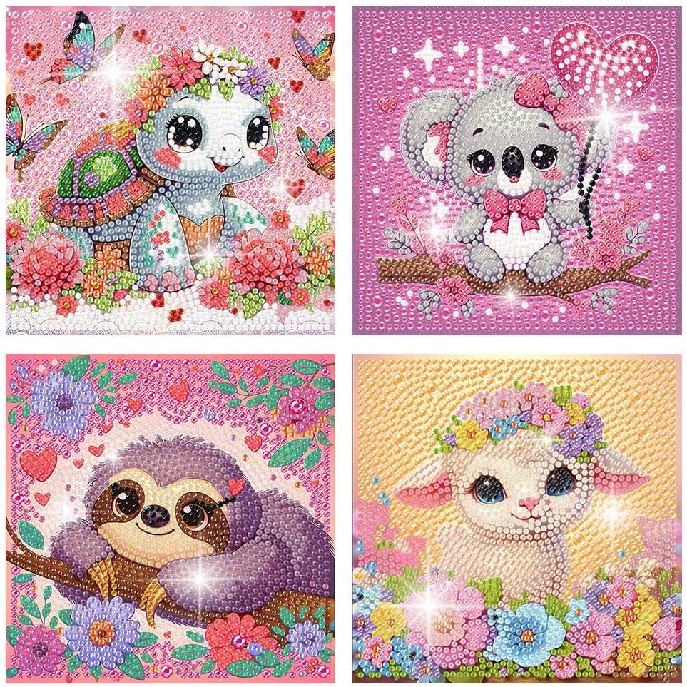 4 Packs 5D Cartoon Diamond Art Kits for Kids, Cute Animals DIY Diamond Arts Mosaic Kits for Adults Beginner, Full round Drill Gem Art for Home Wall Decor Kids Present 6X6 Inch