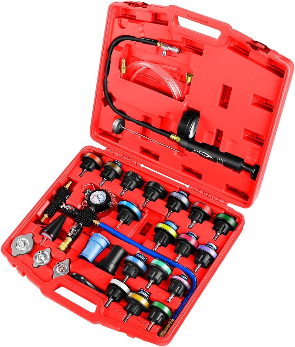 JIFETOR Radiator Coolant Pressure Tester Vacuum Refill Tool Kit, 28PCS Automotive Cooling System Leak Test and Pneumatic Purge Fill Set with Testing Adapter Caps Universal for Airlift Car Auto Truck