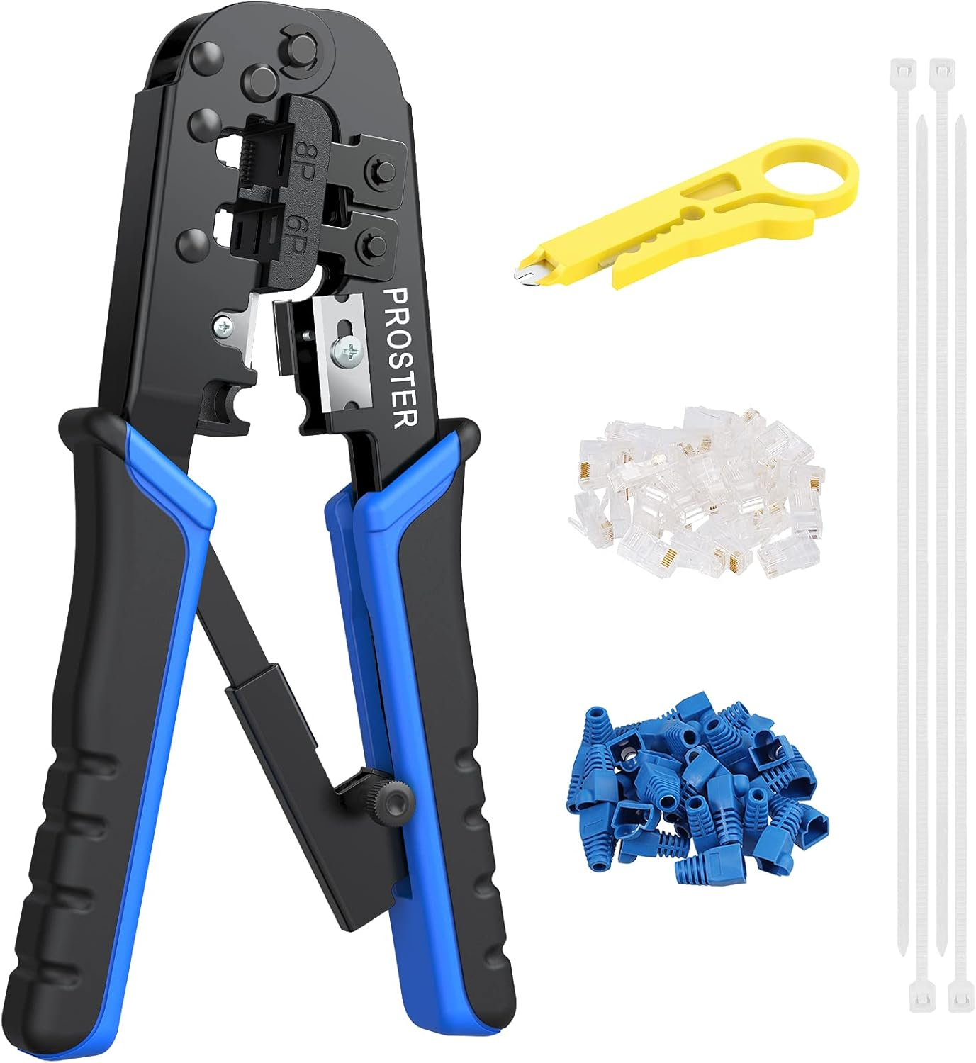 Proster RJ45 Crimping Tool Cat5 Cat5E Cat6 Crimper RJ-11, 6P/RJ-12, 8P/RJ45 Crimping, Cutting and Stripping Tool with 30 Pieces Connectors 30 Pieces Covers 100 Pieces Nylon Cable Ties and Wire image number 4