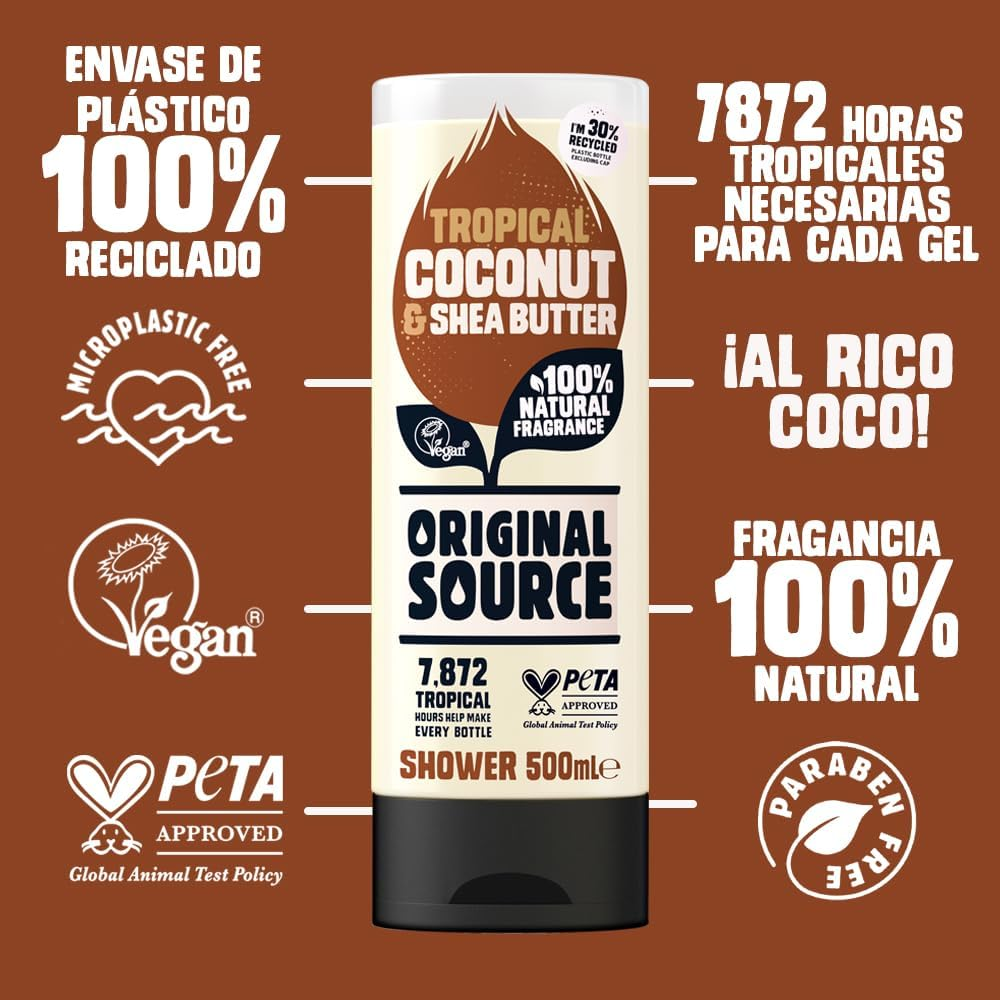 Original Source Coconut and Shea Butter Shower Gel, 100 Percent Natural Fragrance, Vegan, Cruelty Free, Paraben Free, Bulk Buy, Pack of 6 X 500 Ml image number 5
