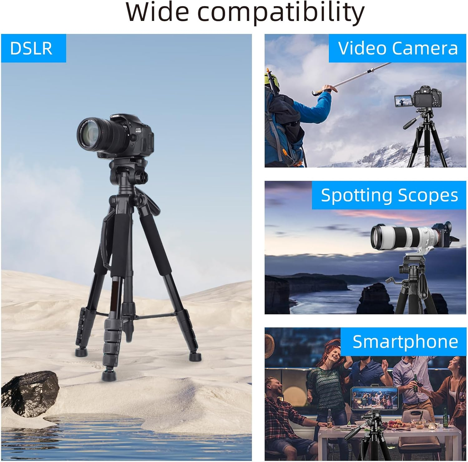 STEUGO 74"/188CM Camera Tripod Stand, Foldable Aluminum Tripod, 360&deg; Ball Head Detachable Camera Tripod, Spotting Scope Tripod with Carry Bag, Support Canon,Sony,Nikon,Dslr Camera, Cellphone (Black) image number 6