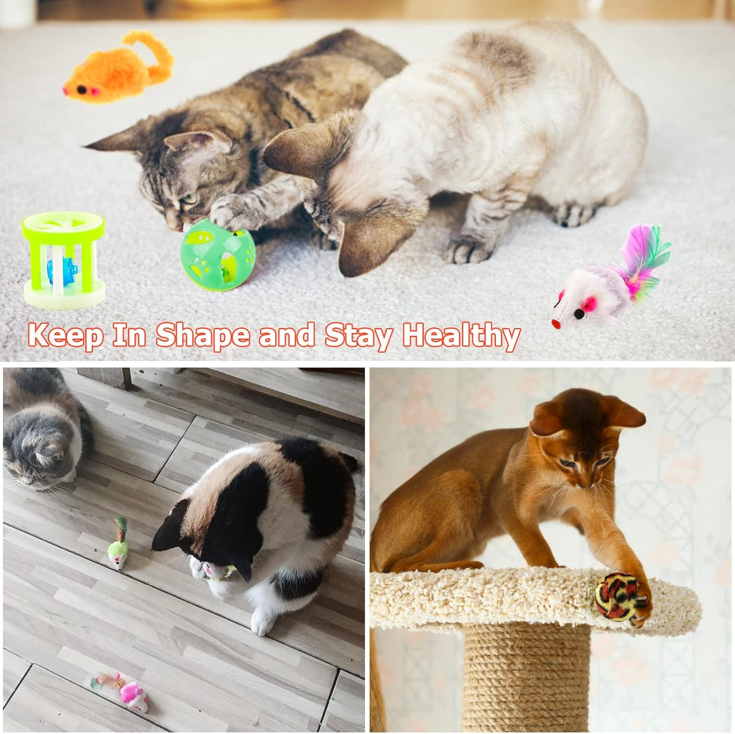 12 PCS Cat Toys Assortments for Indoor Cats, Variety Interactive Kitten Toys for Bored Indoor Cats Chase and Exercise, Cat Feather Teaser Fluffy Mouse Crinkle Balls Cat Bell Balls Fuzzy Ball (12Pcs) image number 3