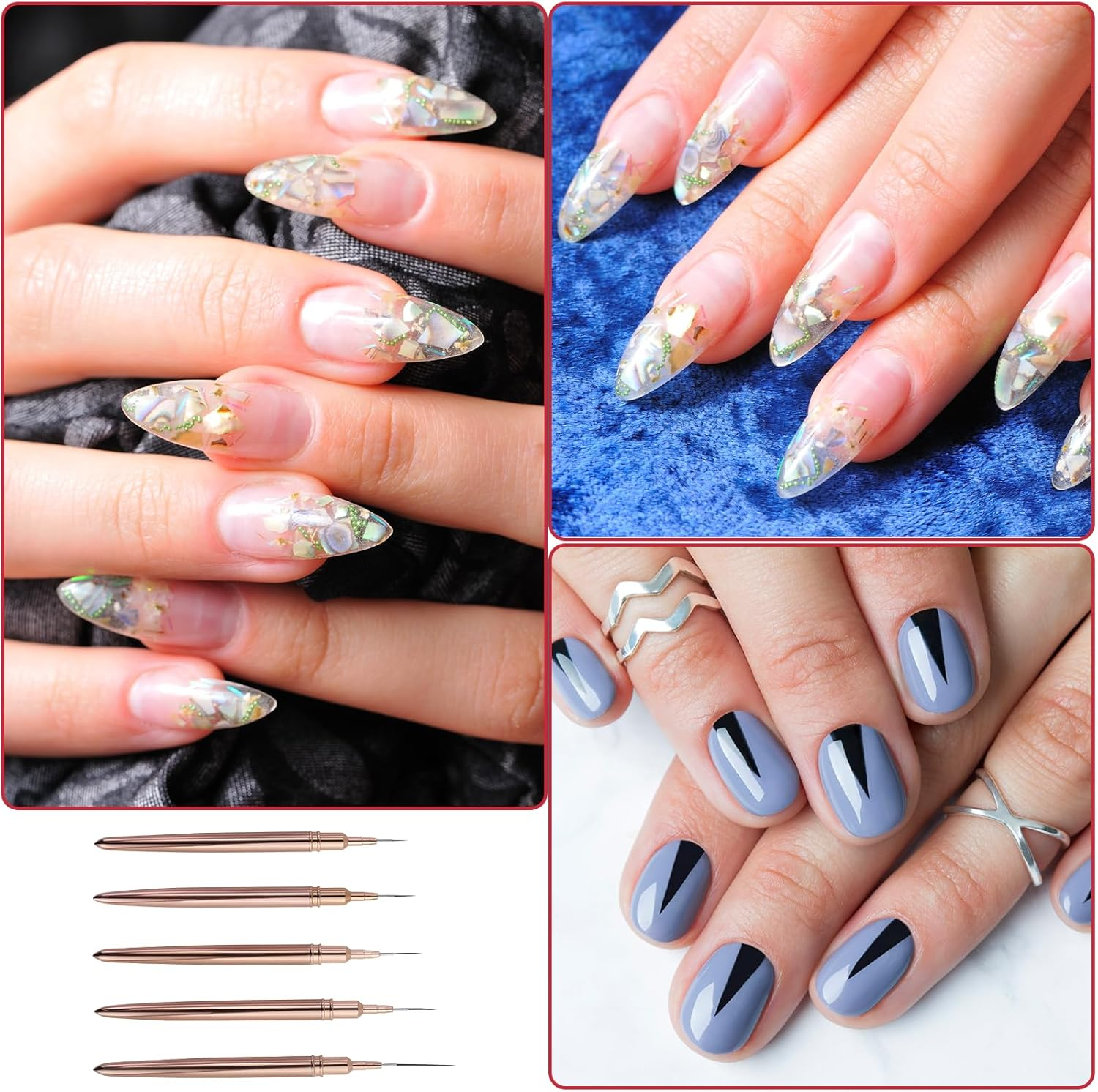 5Pcs Nail Art Liner Brushes,Nail Art Tools,Painting Nail Art Brushes for Long Lines, Details, Fine Drawing Nail Dotting Drawing Tool Set 7Mm/9Mm/11Mm/15Mm/25Mm(Gold) image number 5