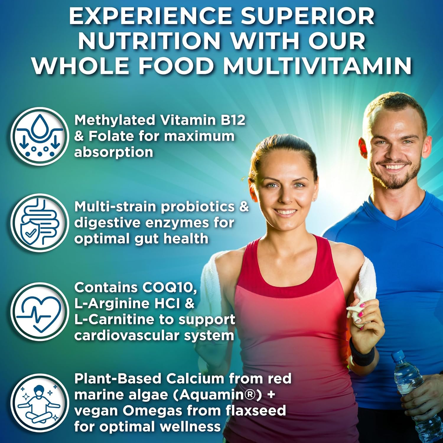 Whole Food Multivitamin plus No Iron, Daily Vegan Multivitamin for Men and Women, Organic Fruits & Vegetables, B-Complex, Probiotics, Enzymes, Coq10, Omegas, Turmeric, All Natural, Non-Gmo, 180 Count image number 4