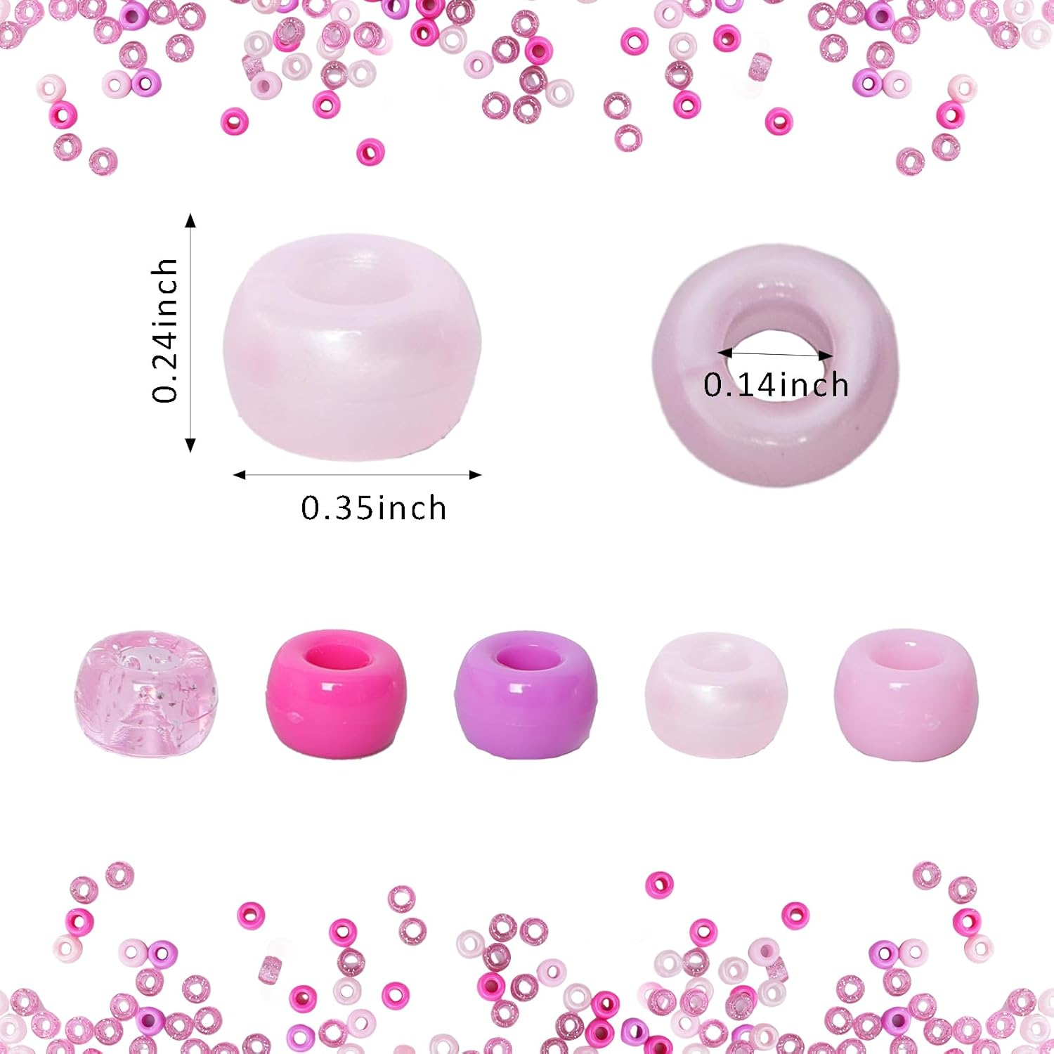 1200 Pcs Winter Pony Beads Pink Pony Bead Colorful Glitter Beads for Jewelry Making Winter Party Decoration Bracelets Necklace Earrings Hair DIY Crafts (Pink) image number 2