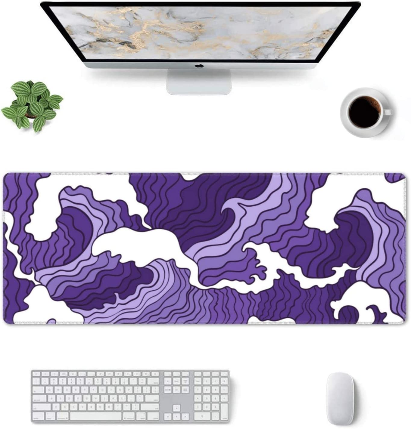 Japanese Purple Wave Large Mouse Pad XL Extended Gaming Mouse Pad Mat Desk Pad with Stitched Edge,Full Desk Mousepad for Office,Computer,Keyboard 31.5 X 11.8 Inch (Japanese Purple White Wave) - Japanese Purple White Wave image number 3