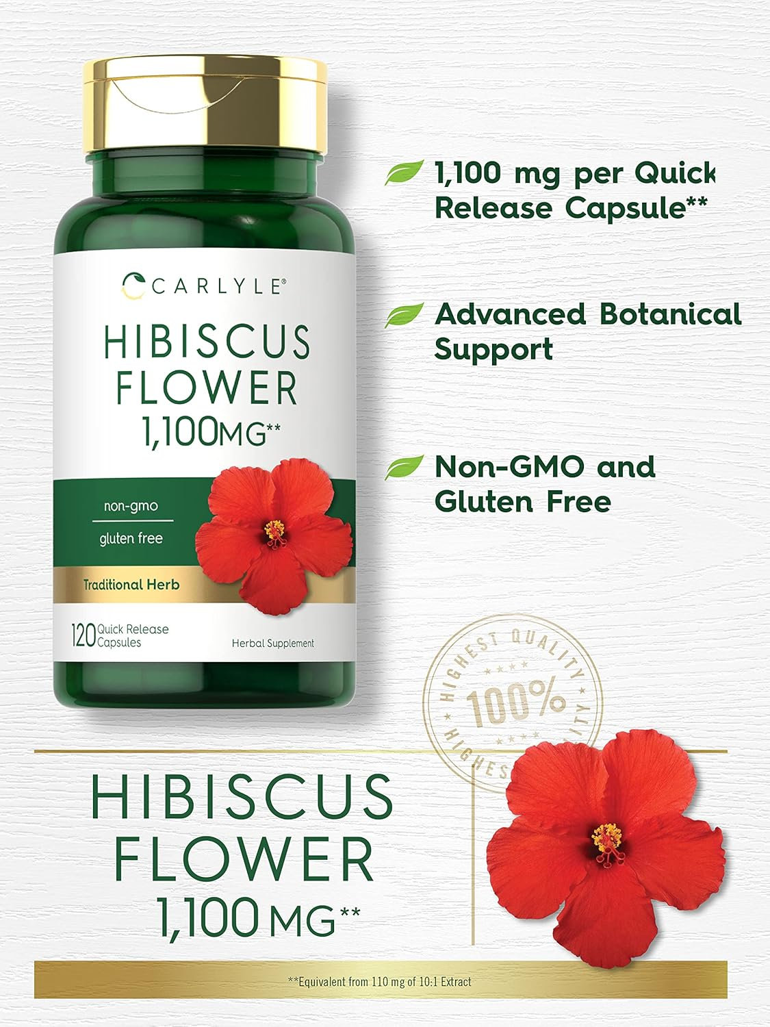 Hibiscus Flower Extract 1100 Mg | 120 Capsules | Non-Gmo, Gluten Free Supplement | by Carlyle image number 3