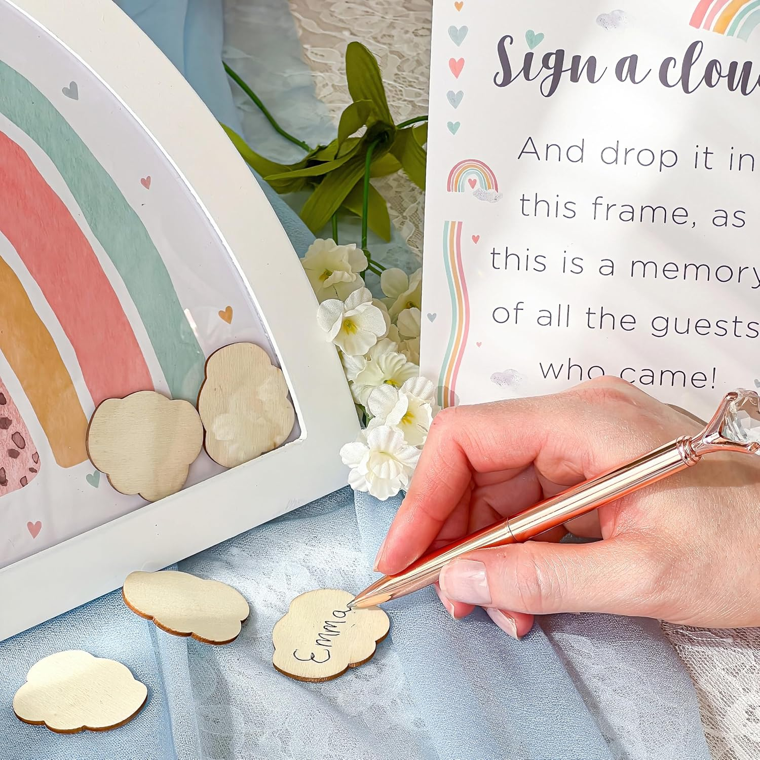 Kate Aspen Boho Baby Shower Guest Book Alternative Rainbow Frame with 30 Wooden Clouds, Frame for Sonogram Picture, Rainbow Baby Shower Decorations & Keepsake, Nursery Decor