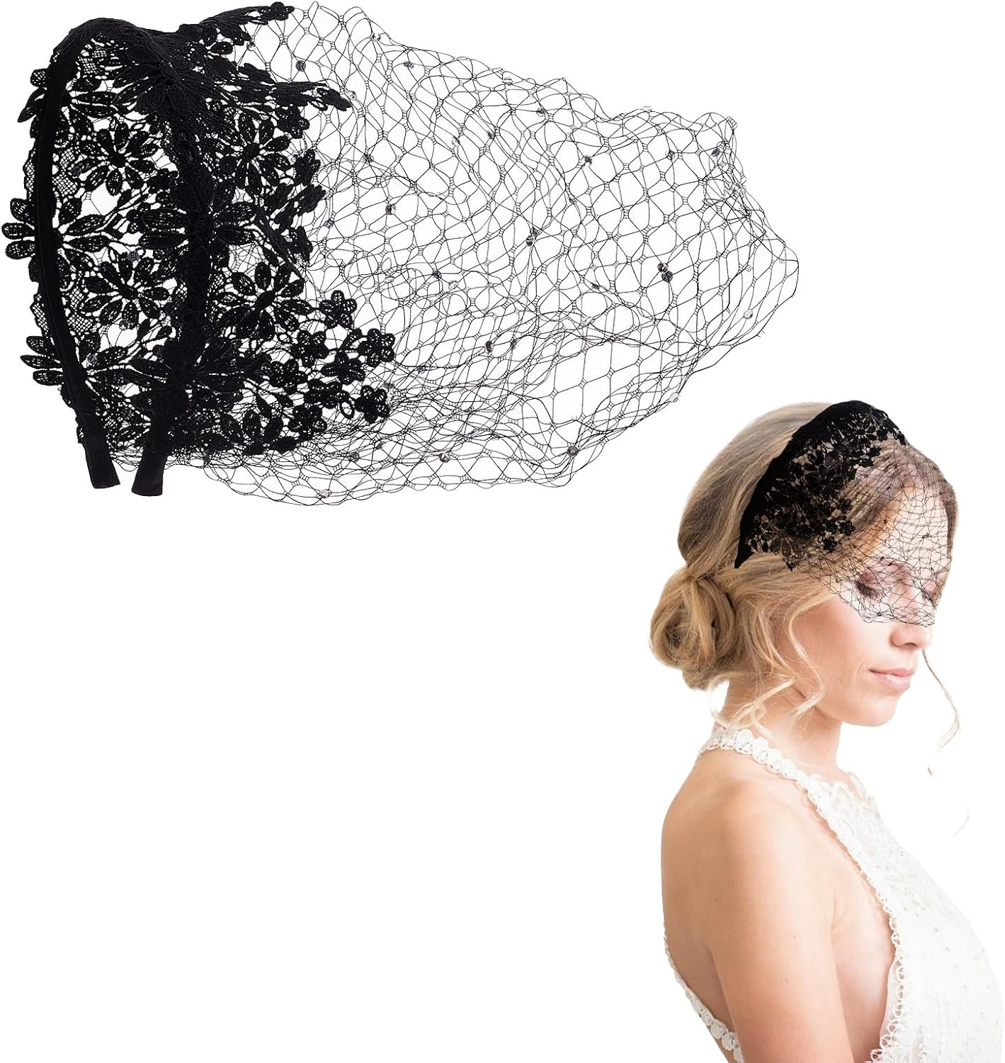 NICENEEDED Lace Headband with Mesh Veil for Women Elegant Headpiece for Weddings Black Vintage Hair Accessory with Rhinestones