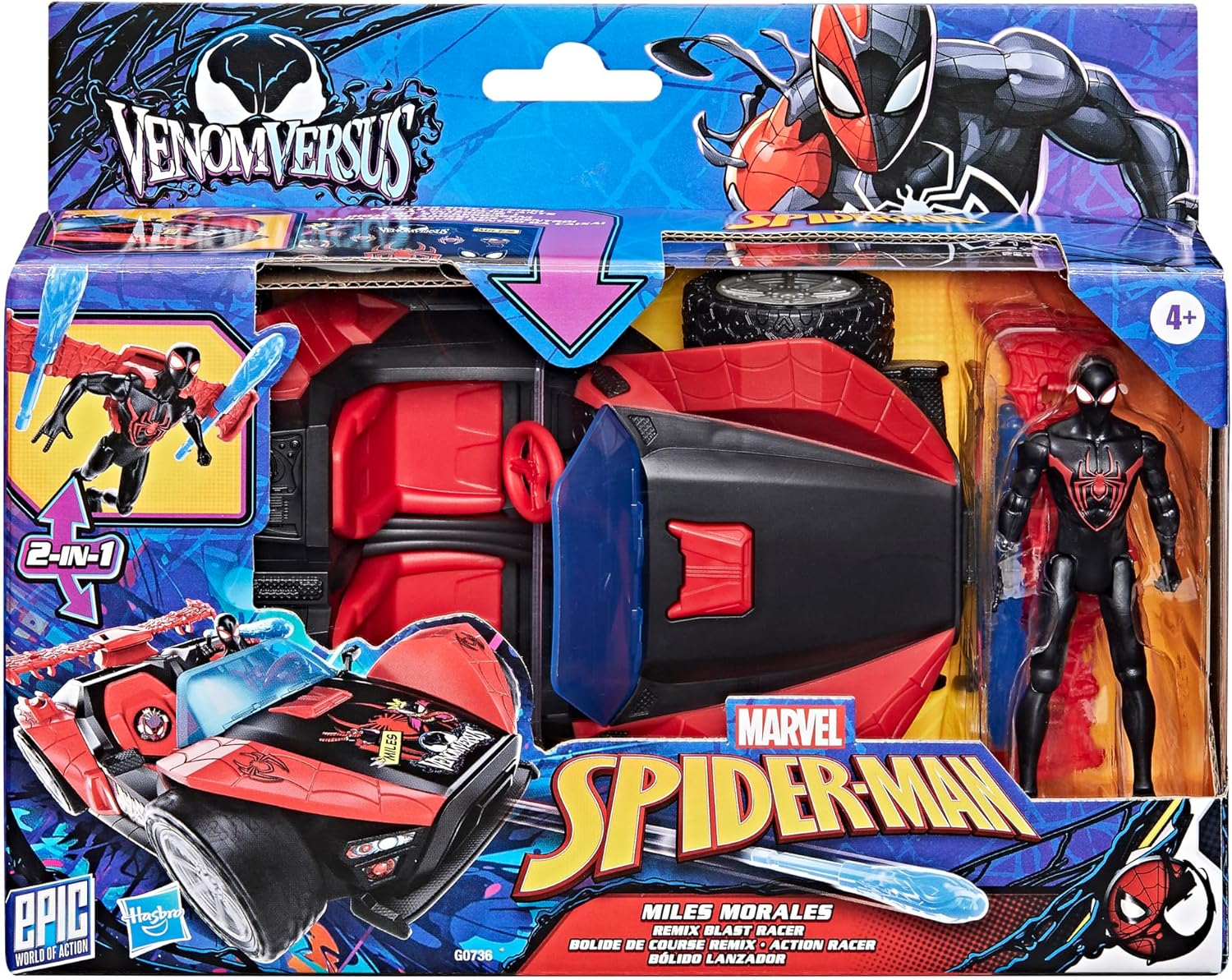 Marvel Spider-Man Venomversus Epic World of Action Miles Morales Remix Blast Racer 4-Inch (10 CM) Figure & Toy Car, Accessories, Super Hero Toys, 4+ image number 2