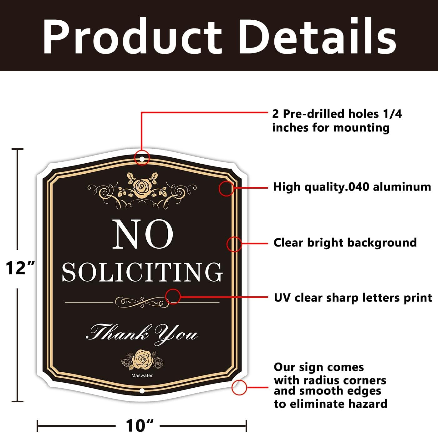 2 Pack No Soliciting Signs Private Property,12" X 10" Delicate Design Warning Mental Sign for House,Rust Free Aluminum,Durable Uv,Weather Resistant image number 3