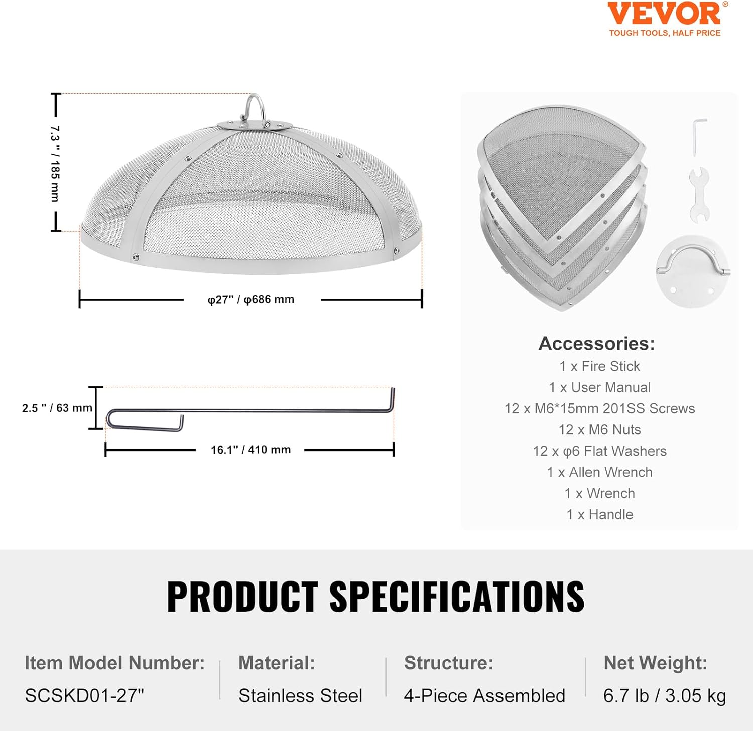 VEVOR Fire Pit Spark Screen round 27", Reinforced Heavy Duty Steel Metal Cover, Outdoor Firepit Lid, Easy-Opening Top Screen Covers round with Ring Handle for Outdoor Patio Fire Pits Backyard image number 2