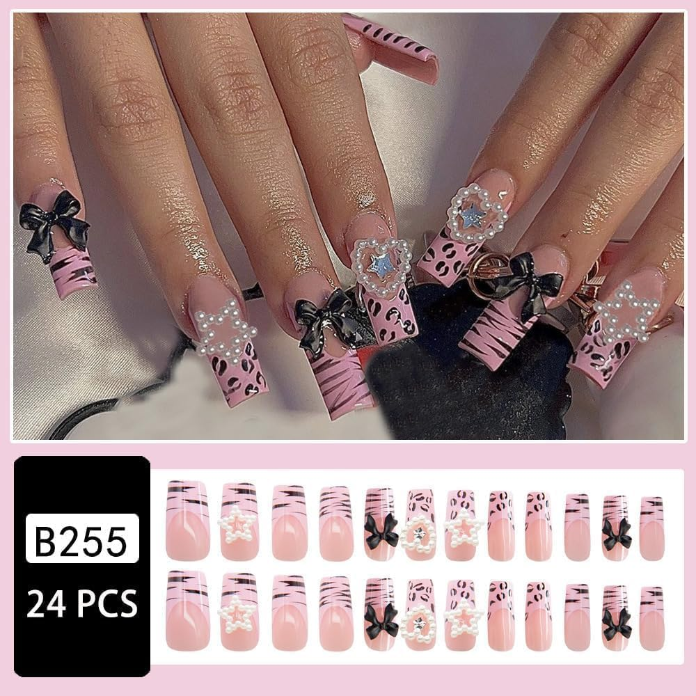 24Pcs Long Square Press-On Nails, Squoval Glossy Fake Nails with White French Tips, Acrylic Nails with Bling Glitter&Pearl Flower Designs, Stick-On False Nails with Rhinestones. image number 2