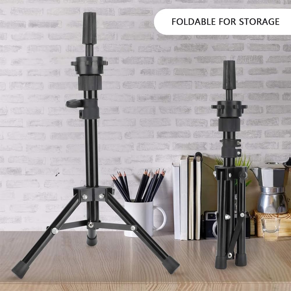 HYAVIA Mini Wig Tripod Stand &ndash; Adjustable Foldable Mannequin Head Holder for Wig, Canvas Block Head Tripod for Cosmetology Hairdressing Training (Black) image number 2