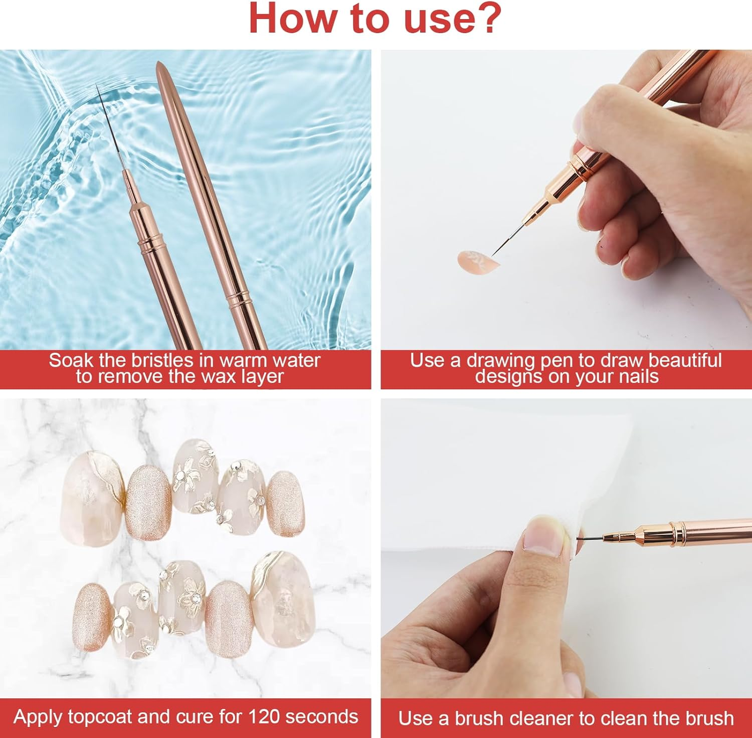 5Pcs Nail Art Liner Brushes,Nail Art Tools,Painting Nail Art Brushes for Long Lines, Details, Fine Drawing Nail Dotting Drawing Tool Set 7Mm/9Mm/11Mm/15Mm/25Mm(Gold) image number 3