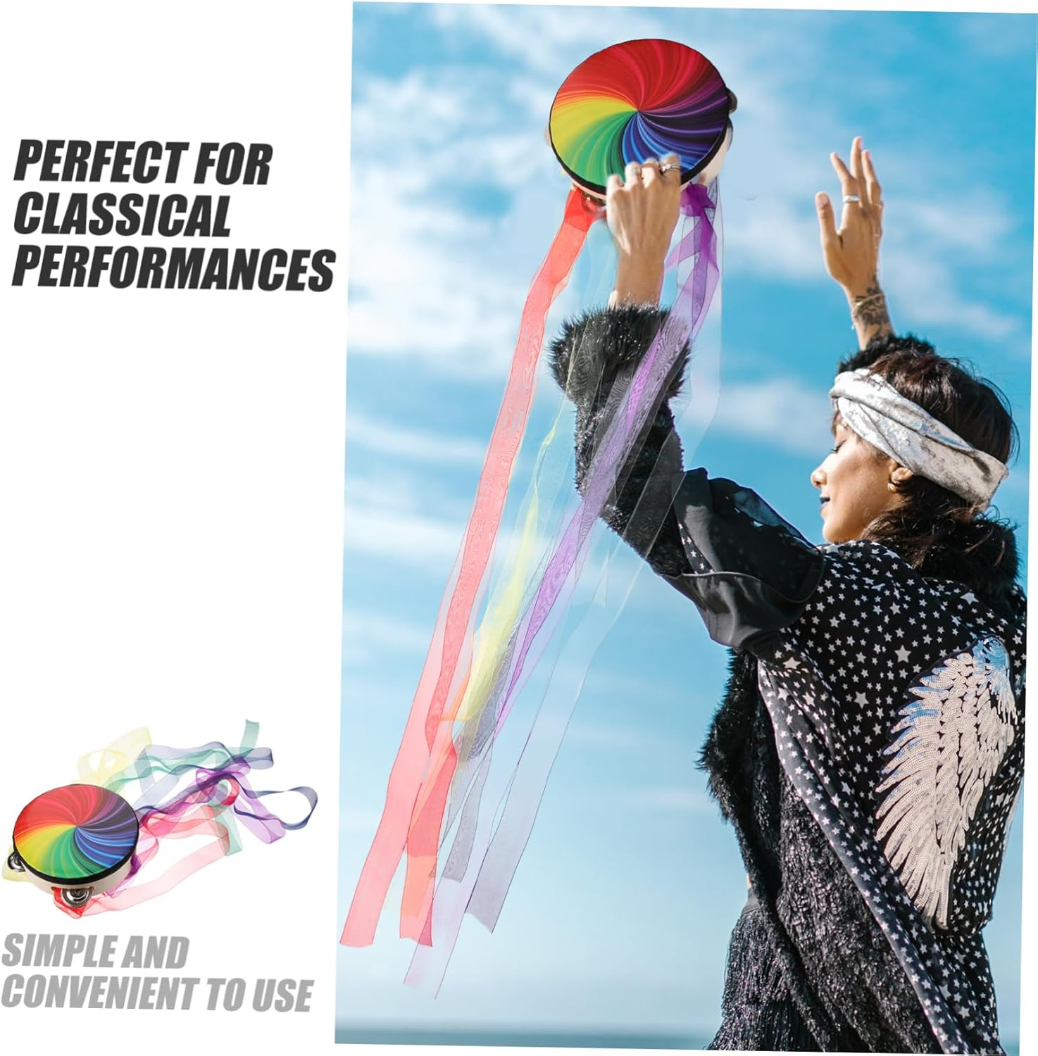 Minkissy Handheld Tambourine with Ribbons Percussion Drum for Dance Performances Lightweight and Durable for Stage Church and Music Lessons image number 4