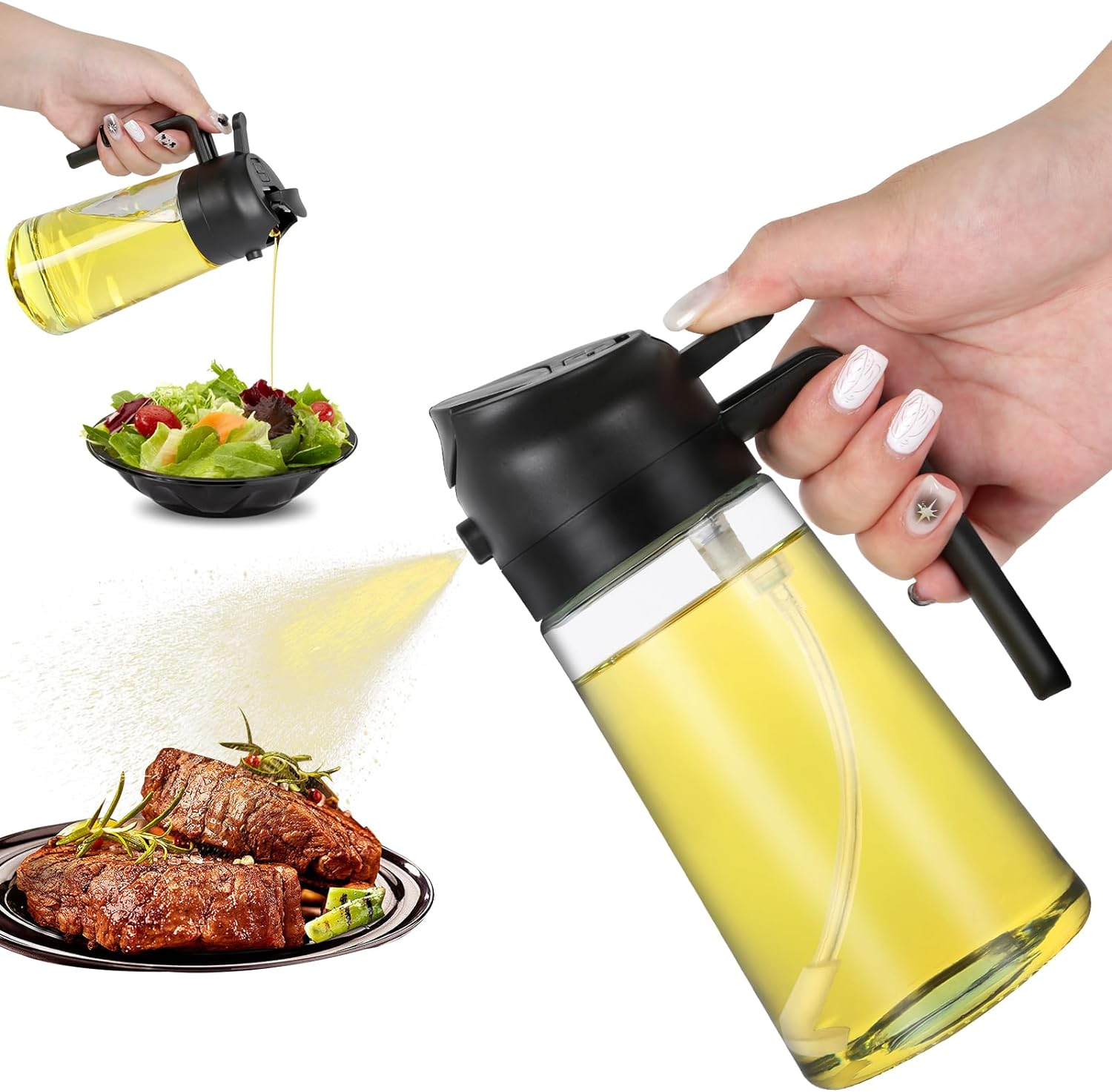 2 in 1 Oil Dispenser and Sprayer, 16Oz, Black, Glass with Polyethylene Components, Cooking, Oil Sprayer, Dispenser, Air Fryer, BBQ, Salad, Baking, Steak image number 2