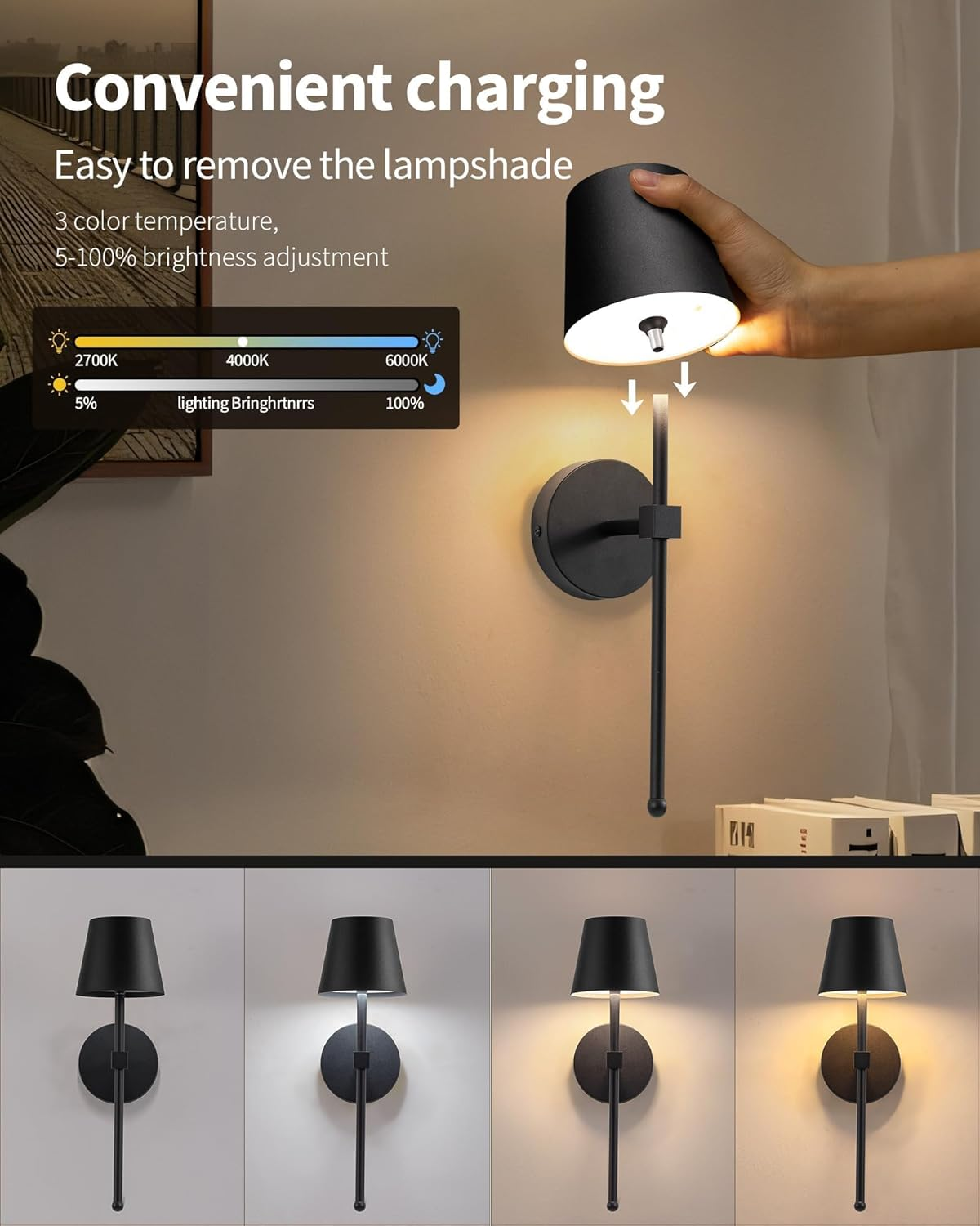 Wall Light Battery Operated Sconce Set of 2, Not Hardwired Fixture,Wall Sconce with Remote Dimmable Light Bulb,Easy to Install Not Wires,For Bedroom, Lounge, Farmhouse image number 2