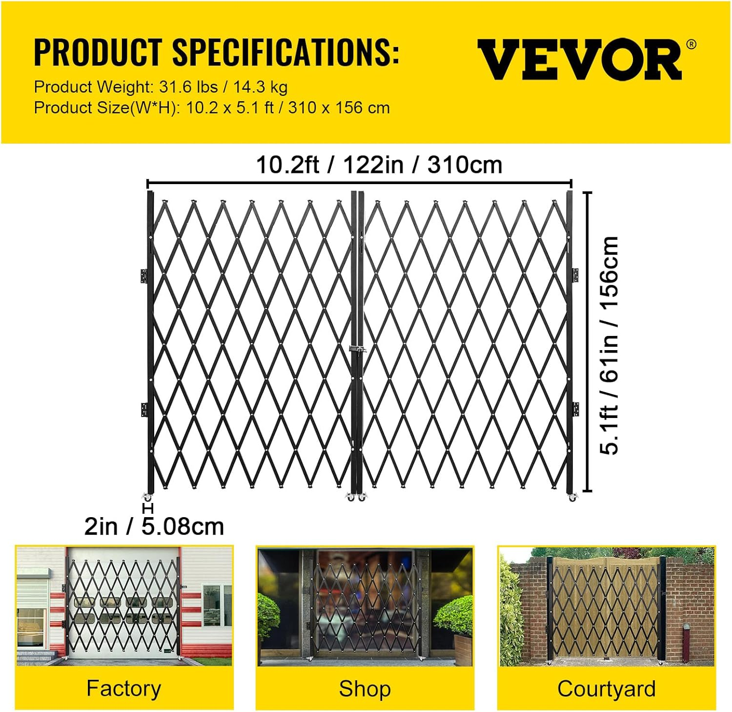 VEVOR Double Folding Security Gate, 61" H X 122" W Folding Door Gate, Steel Accordion Security Gate, Flexible Expanding Security Gate, 360&deg; Rolling Barricade Gate, Scissor Gate or Door with Keys image number 1