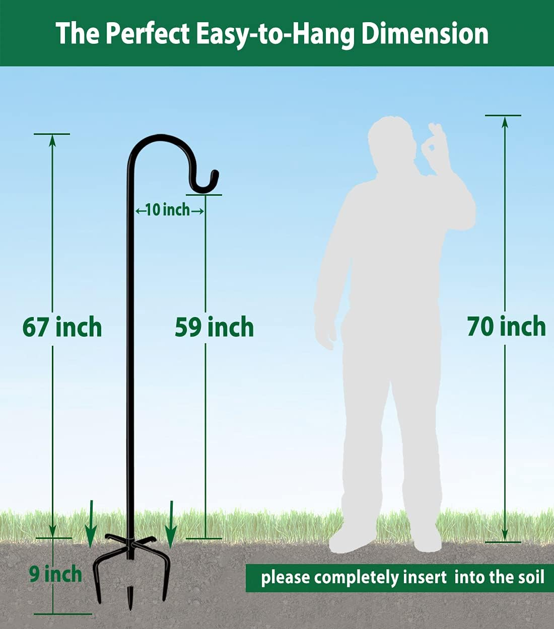 Artibear Adjustable Outdoor Shepherd Hook Stand with 5 Prong Base, 76 Inches Tall 3/5 in Thick, Shiny Black (1 Packs) image number 1