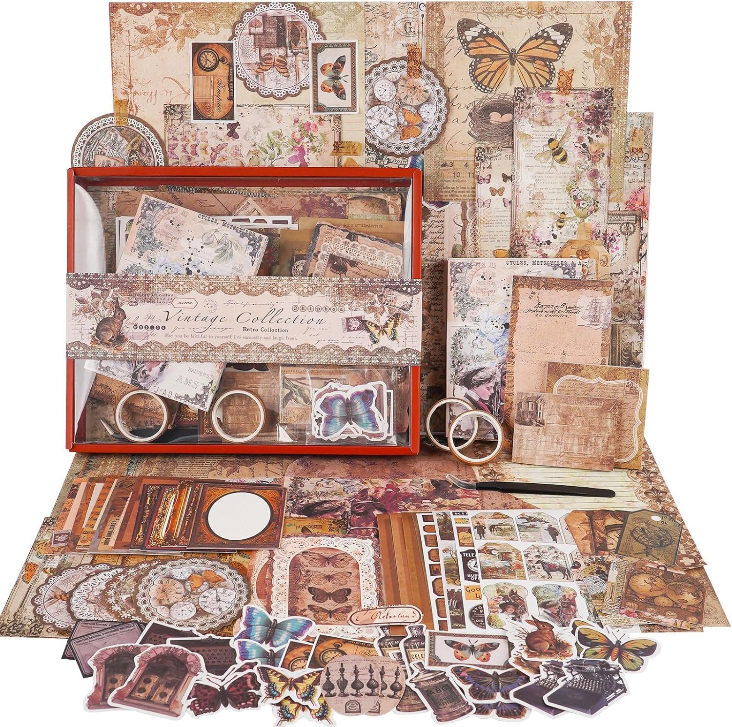 Funto Scrapbooking Kit (202 PCS), Vintage Collection-Wisteria & Butterfly, Perfect for Bullet Scrapbooking Materials, Planner DIY Arts Craft Collage image number 2