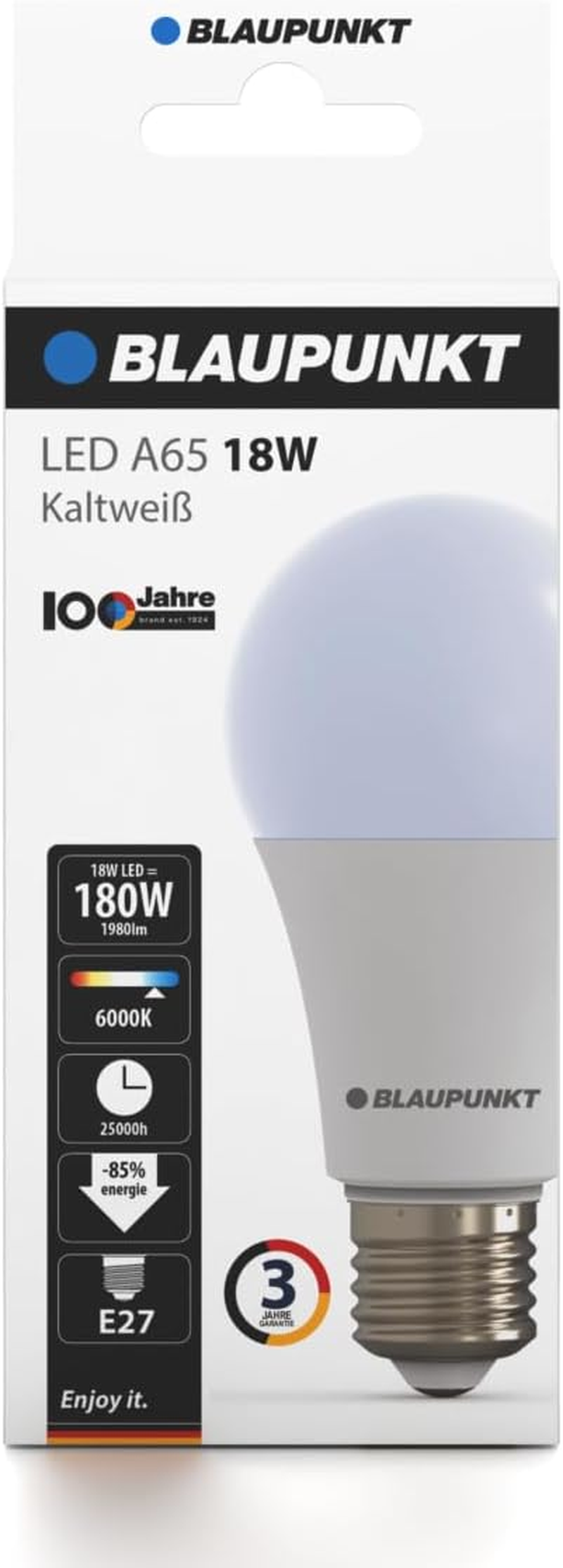 Blaupunkt LED Bulb Classic A65 LED Lamp, E27 Base Screw, 18W, Replaces 180W Incandescent, Cool White 6000K, Cold Light, Non-Dimmable, 1980 Lumen, Light Bulb, Room Lighting, 1 Piece (Pack of 1)