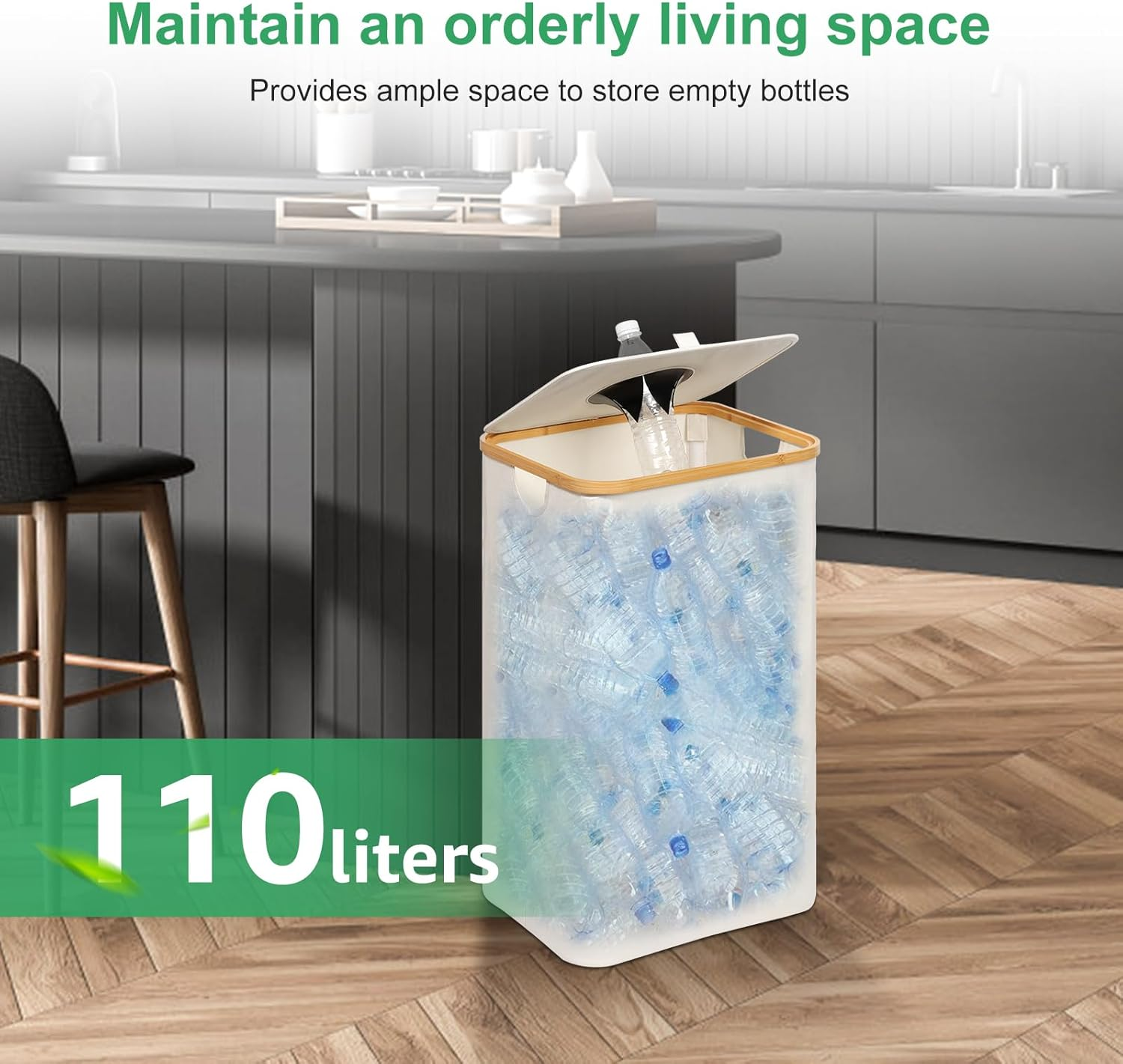 Awobepl Indoor Recycling Bin, 110L Capacity, White, Bamboo + Oxford Cloth, Foldable, Rectangular, Open-Top, Kitchen Laundry Room Recycle Bin image number 5