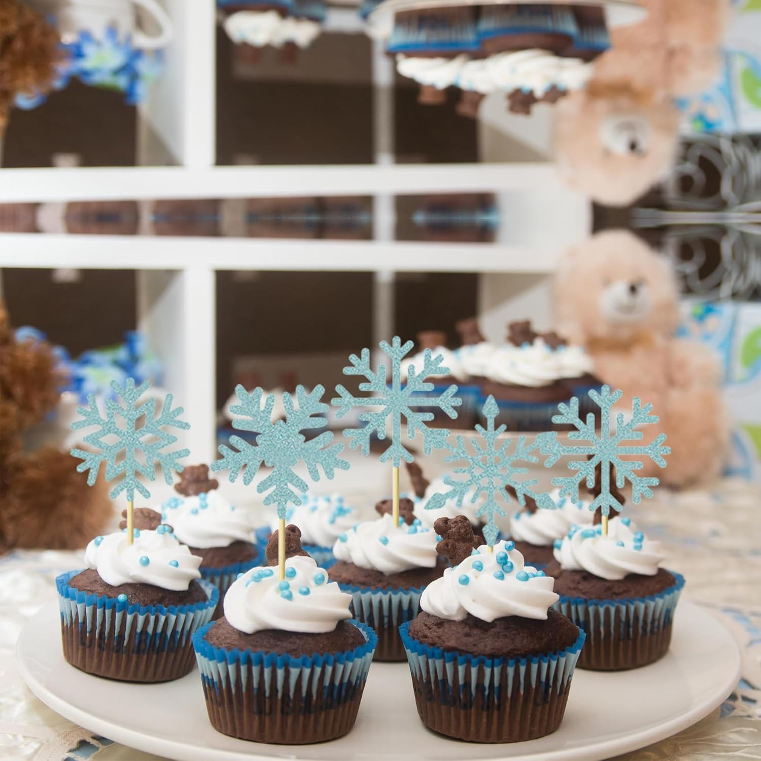 24Pcs Snowflake Cupcake Toppers Blue Glitter Winter Frozen Theme Snowflake Cupcake Picks Baby Shower Kids Birthday Christmas Party Cake Decorations Supplies image number 4