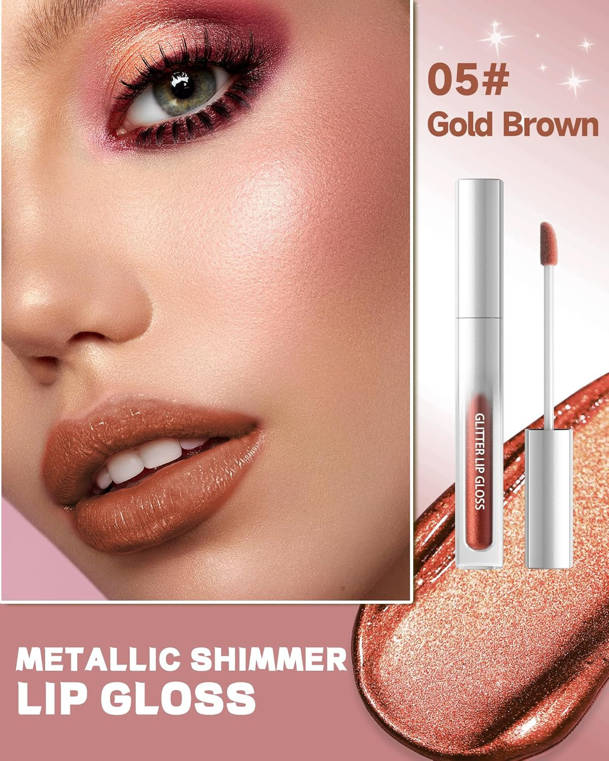 Glitter Lip Gloss Gold Brown, Metallic Shimmer Liquid Lipstick 24 Hours Hold, Waterproof Non-Stick Cup Diamond Glitter Lip Gloss, Highly Pigmented Sparkly Glossy Lipstick Makeup for Women 05 image number 2