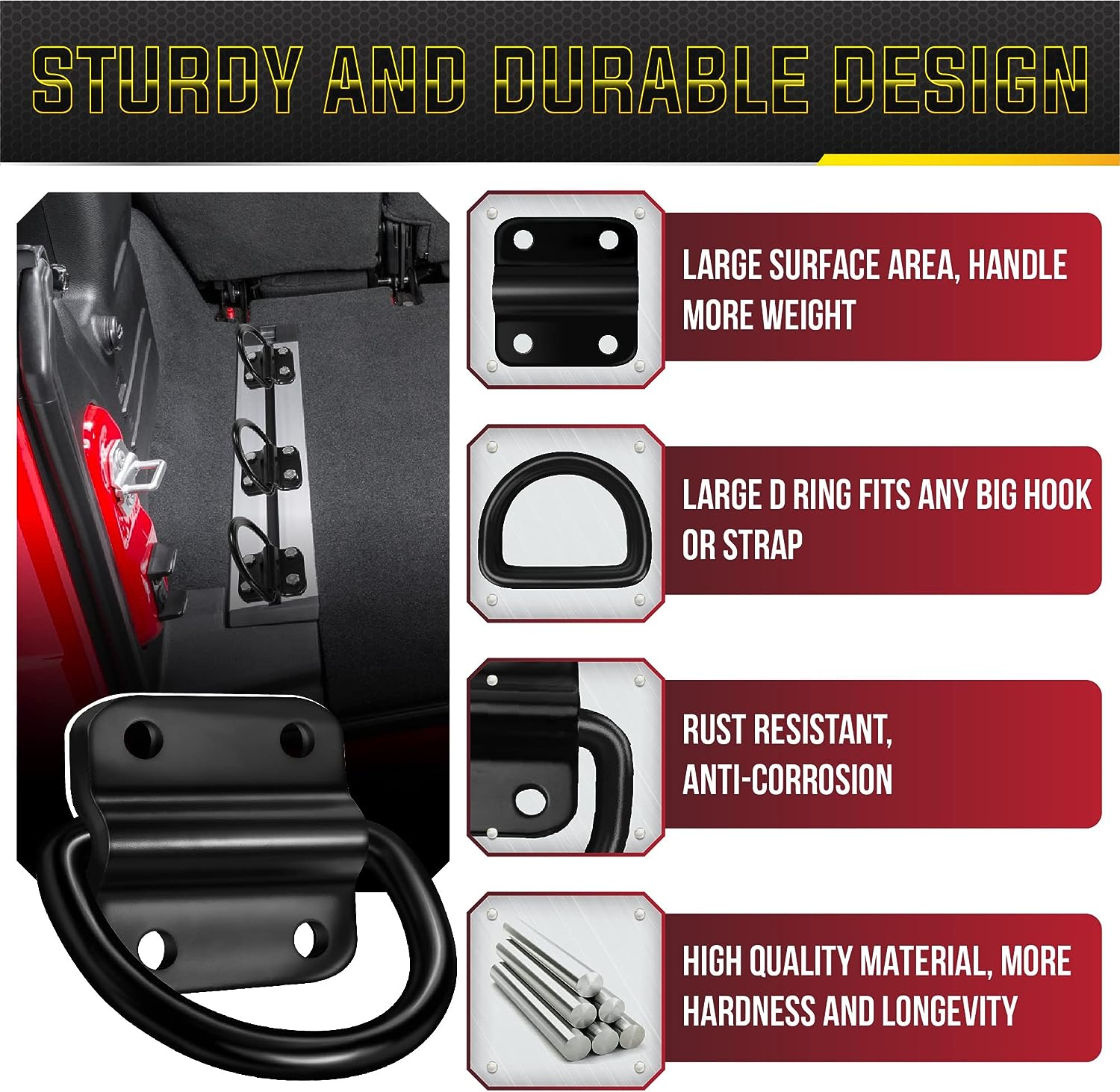 6PCS Heavy Duty Steel D Rings Tie down Anchors, Ultra Durable 3500 Pound Breaking Strength Surface Mount Hooks Securing Cargo for Trailer, Truck Bed, with Screws & Bolts image number 2