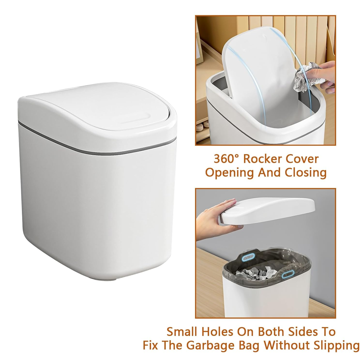 Desktop Trash Can with Lid Table Trash Basket Bedside Plastic Waste Paper Basket Mini Trash Bin for Car Wastebasket for Coffee Shop (White) image number 4