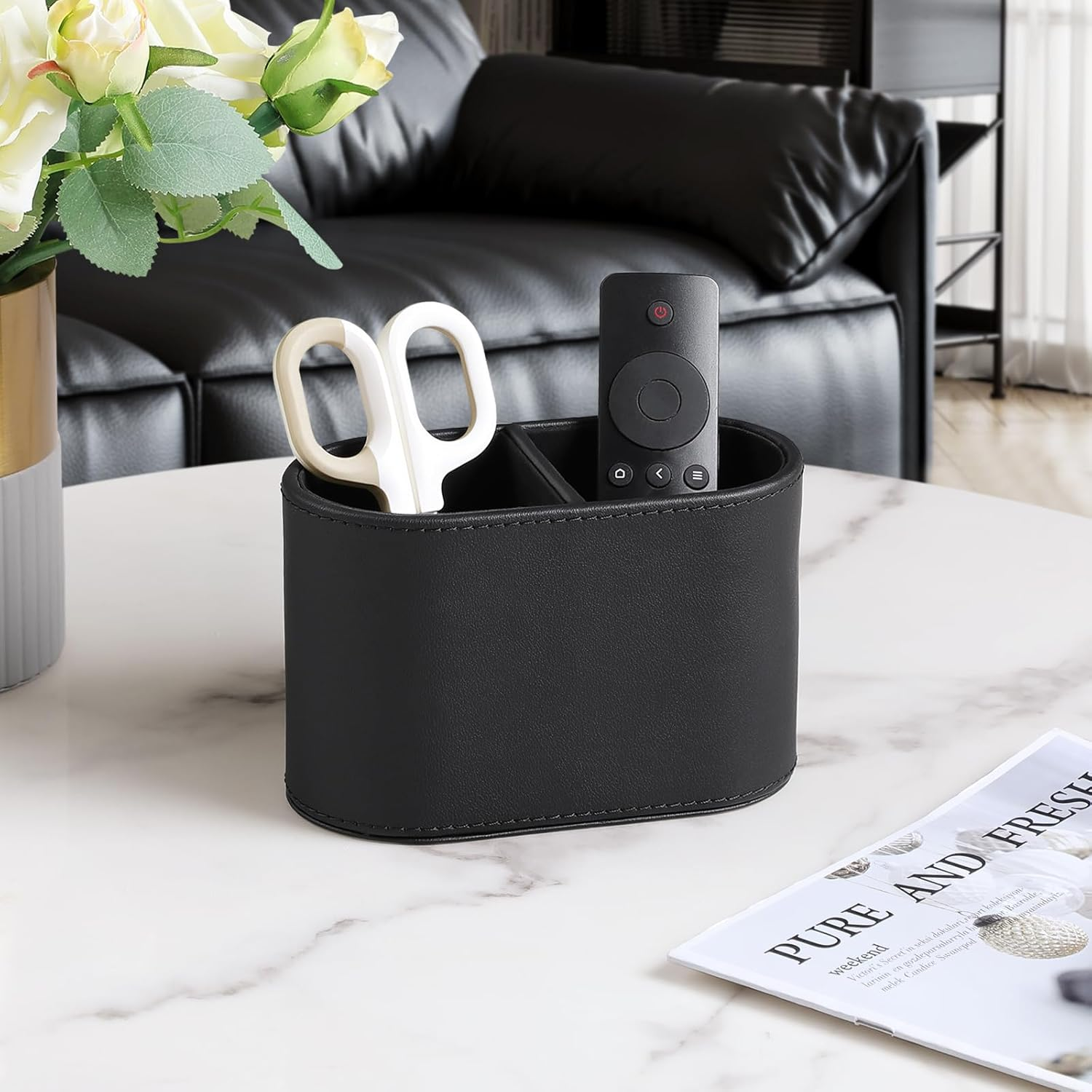 MEIBOOCH PU Leather Pen Holder for Desk, Small Remote Control Holder Pencil Cup Multifunctional Desktop Organizer Caddy for Home School Office Desk Accessories - 2 Compartments (Black) - Black Ribbed Texture image number 2