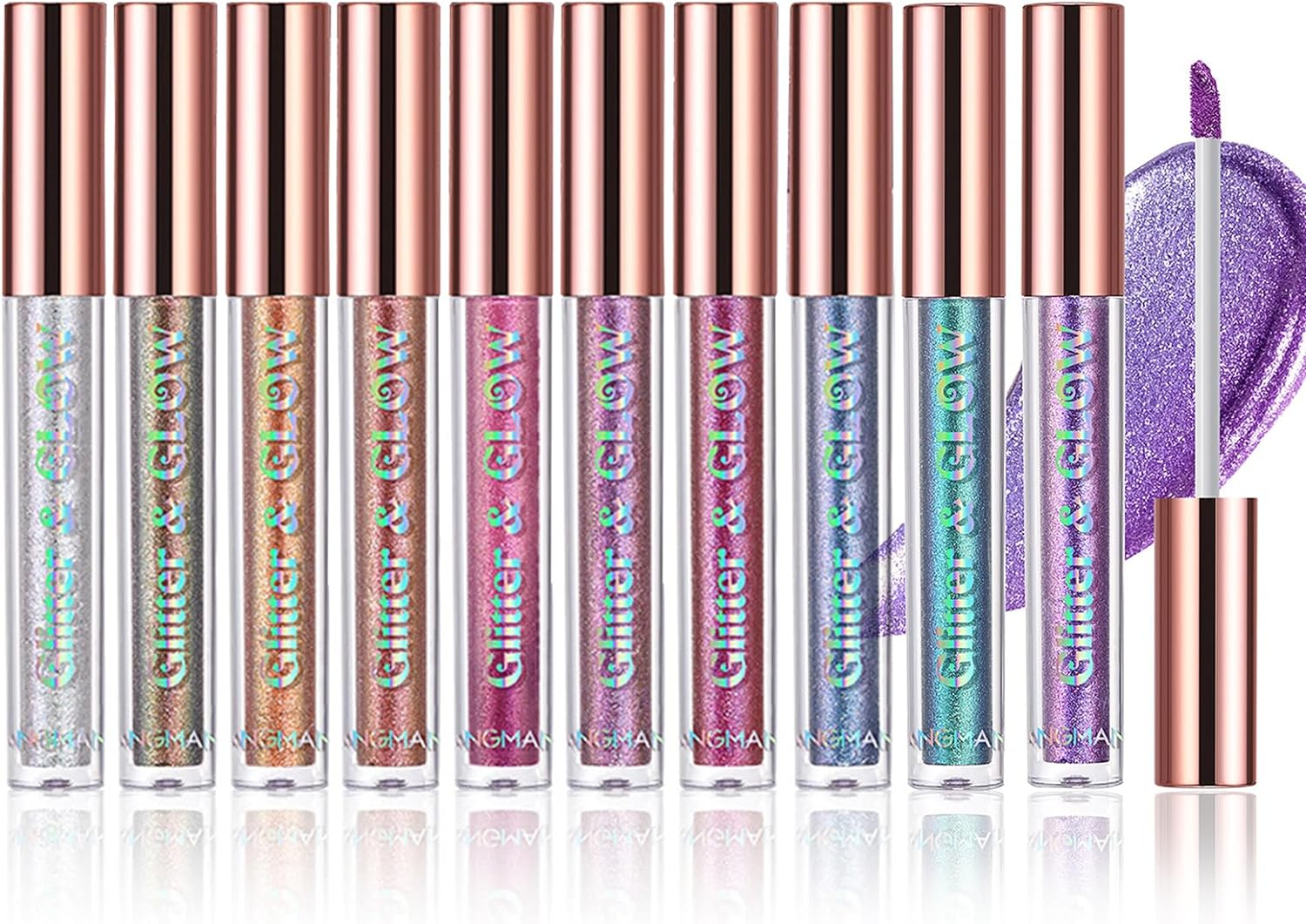 Roseflower 12 Pcs Liquid Glitter Eyeshadow Makeup Set, Metallic Shimmer Glitter Eyeshadow Sweatproof Makeup Set, Glitter All Highly Pigmented Blending Powder, Purple Green Series Liquid Eyeshadow