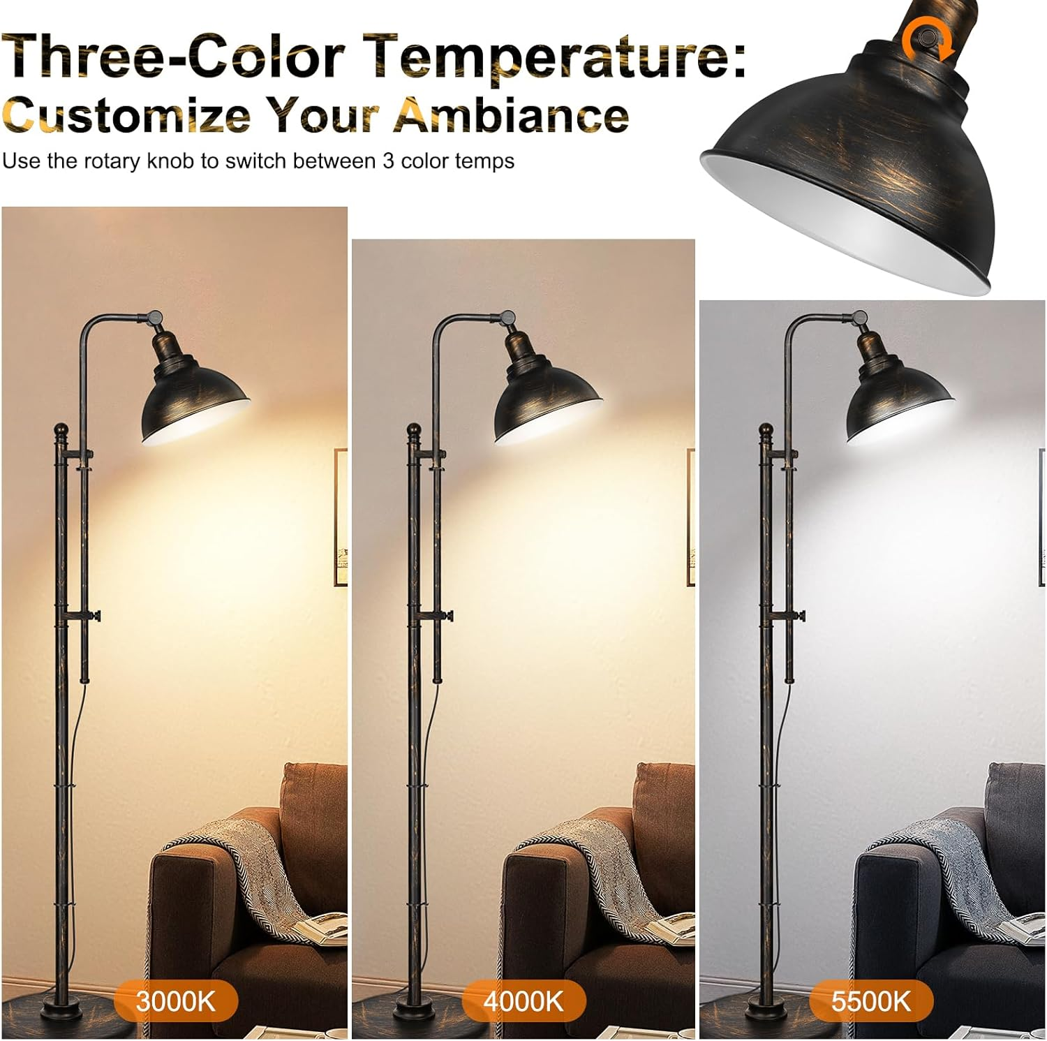 Industrial Floor Lamp for Living Room with 3 Color Temperatures, 67" Tall Standing Lamp with Extendable Pole & Adjustable Lampshade, Metal Bedside Reading Lamp for Bedroom Office Bookstore