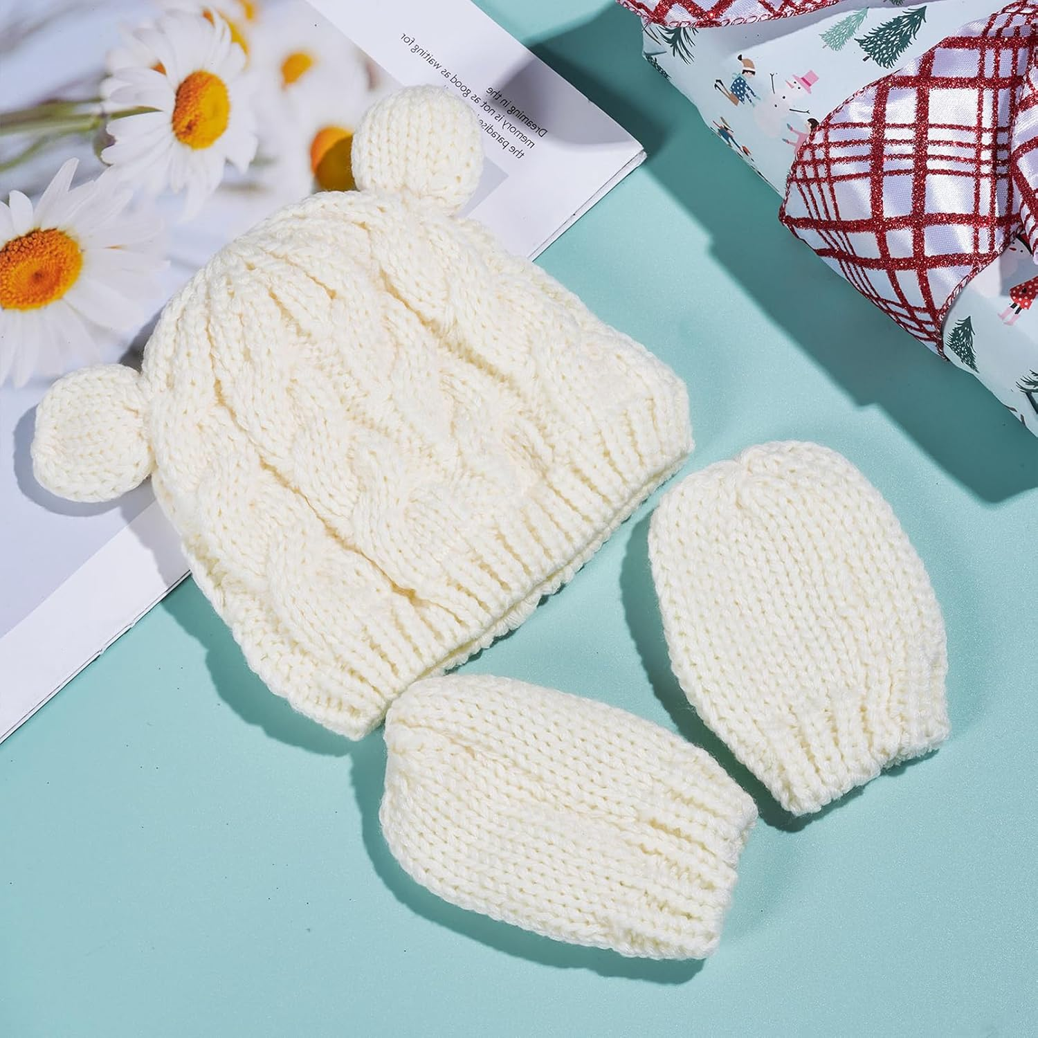 UYIOYO Newborn Winter Beanie Hats and Gloves image number 2