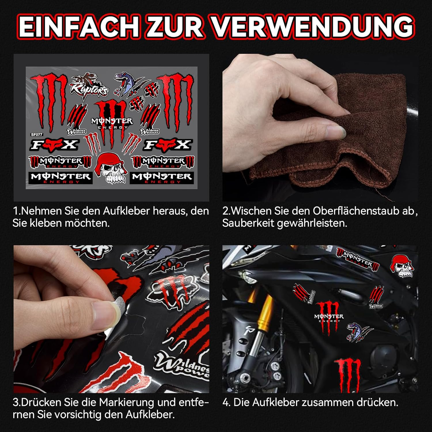 Cretassion Reflective Monster Energy Sticker, Waterproof Sticker Motorcycle Cool, High-Quality Stickers for Motorcycles, Motorcycle Helmet, Skateboard, Car and Off-Road Motorcycles Red image number 3