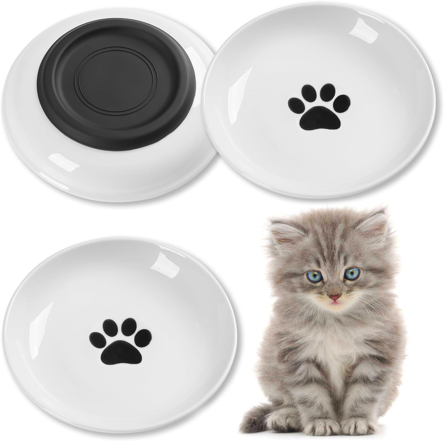 Cat Food Bowls - Whisker Friendly Ceramic with Nonslip Silicone Bottom, Pack of 3 Quiet Dishes and Plates for Feeding Indoor Cats, Kittens and Small Dogs (Cat Paw)