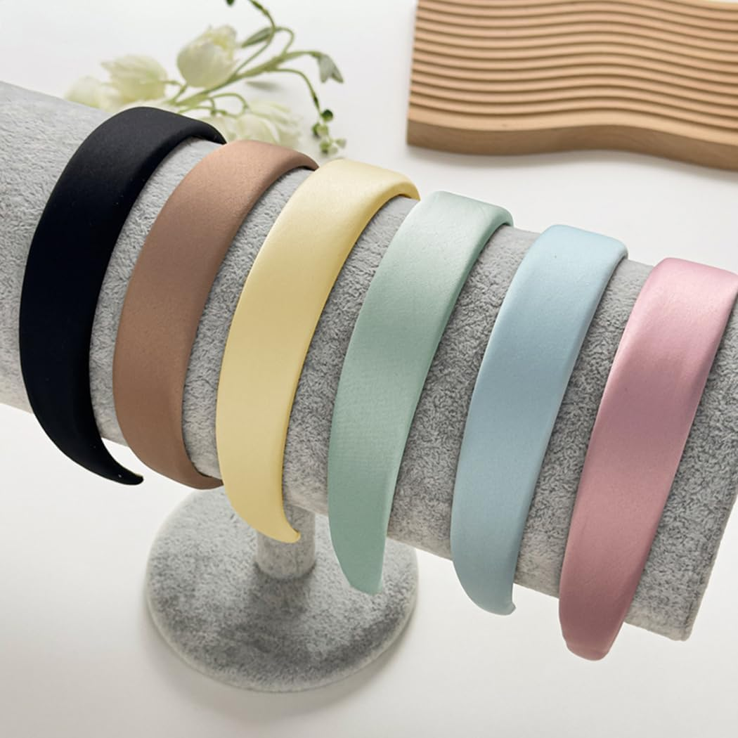 1.2 Inch Wide Solid Colors Padded Headband with No Teeth Hair Bands Non Slip Fashion DIY Satin Sponge Head Band for Women and Girls(Green) - Black Thick B image number 4