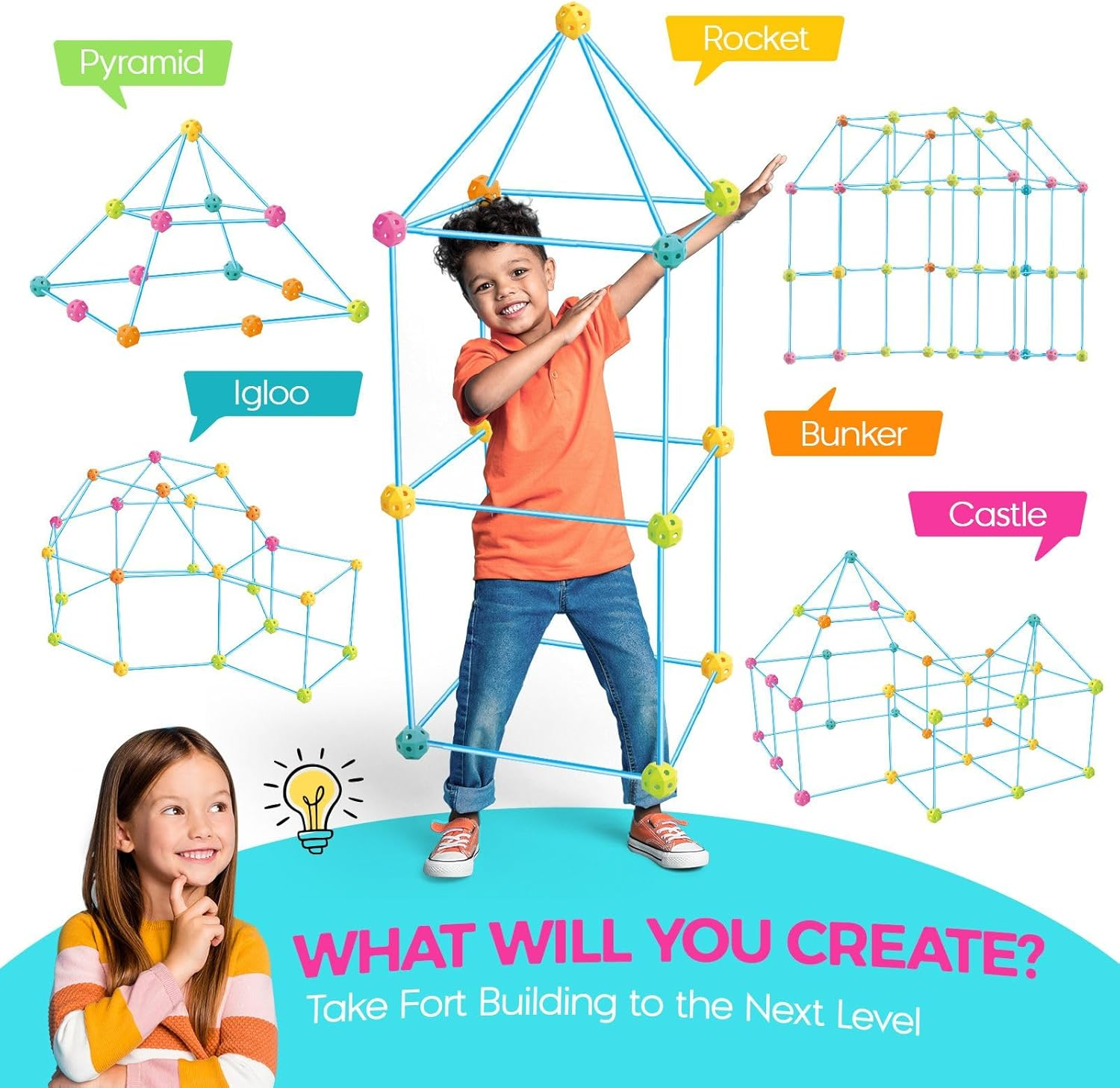 340Pcs Kids DIY Fort Building Kit Construction Builder Castle Educational Toy Creative STEM Learning Play Set, Boys Girls DIY Building Tunnels Play Tent Indoor & Outdoor - 137-14A 340Pcs image number 2